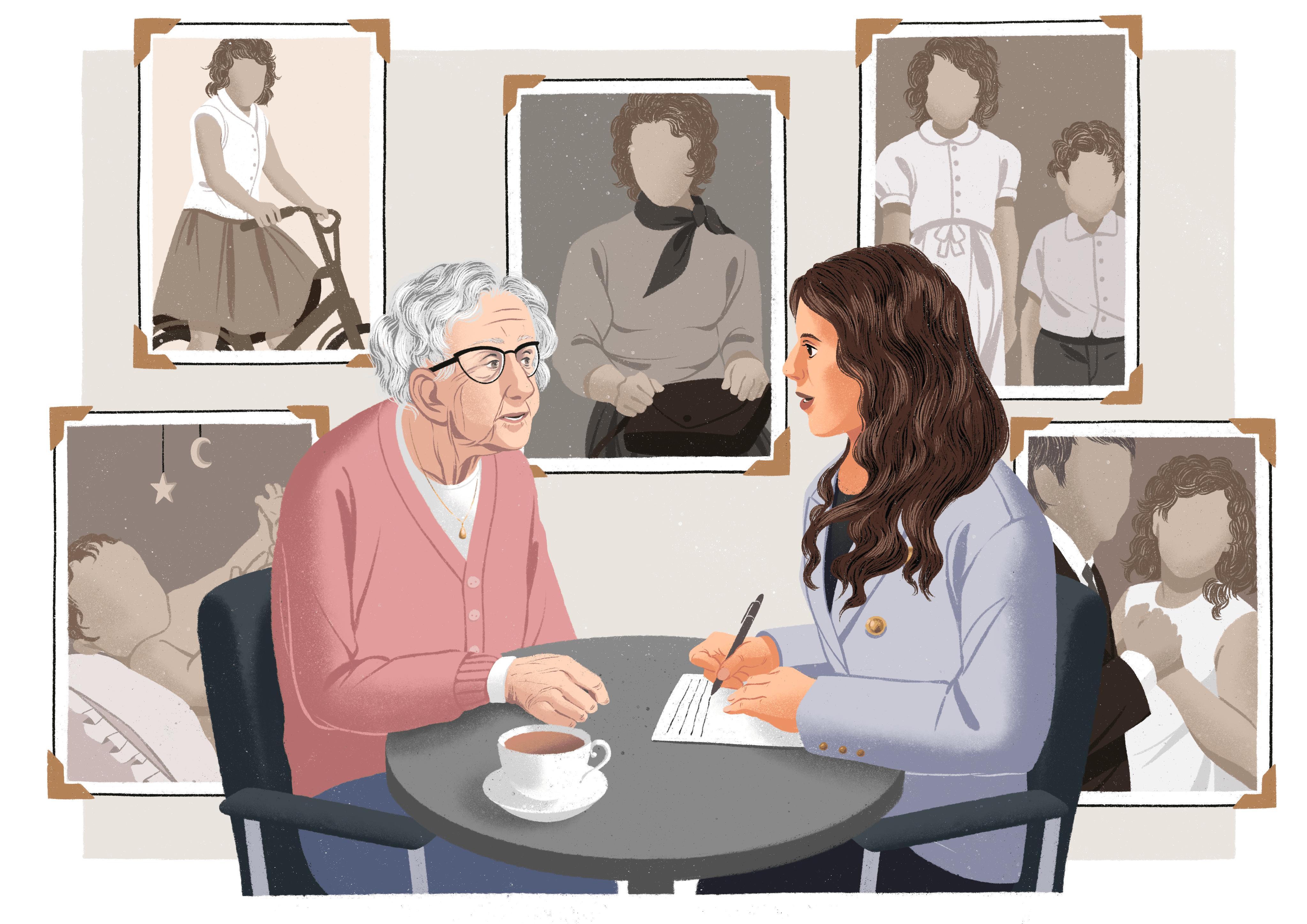 Illustration of an elderly woman sitting with a younger woman, flanked by faceless portraits