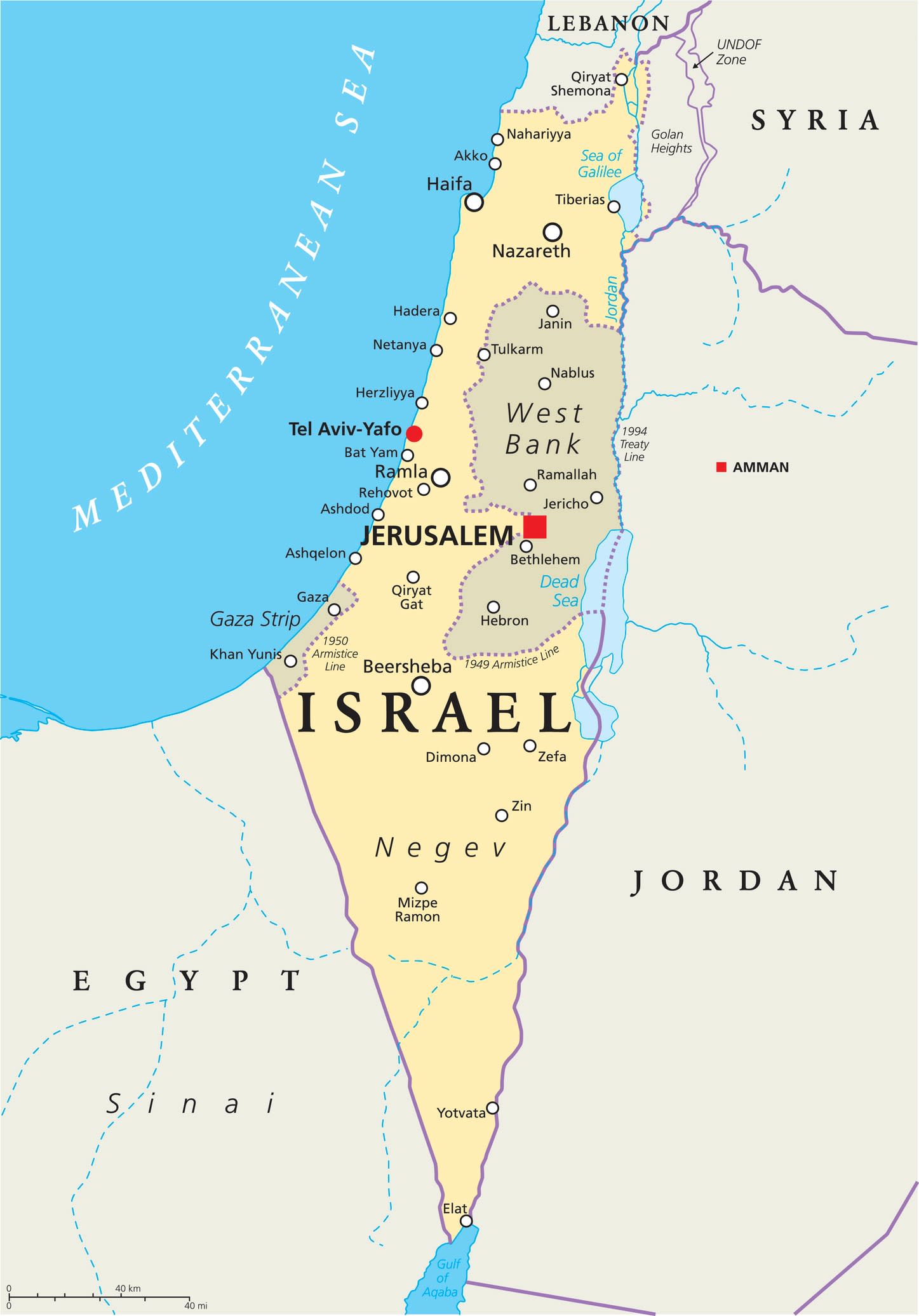 Israel political map with capital Jerusalem, national borders, important cities, including Jenin to Nablus.