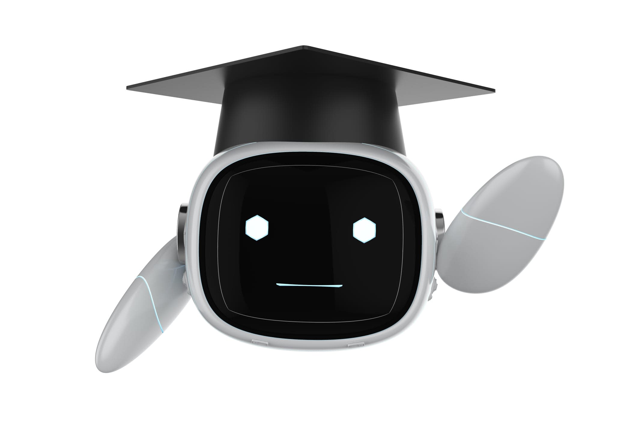 AI concept with 3D rendering of friendly robot face with degree cap