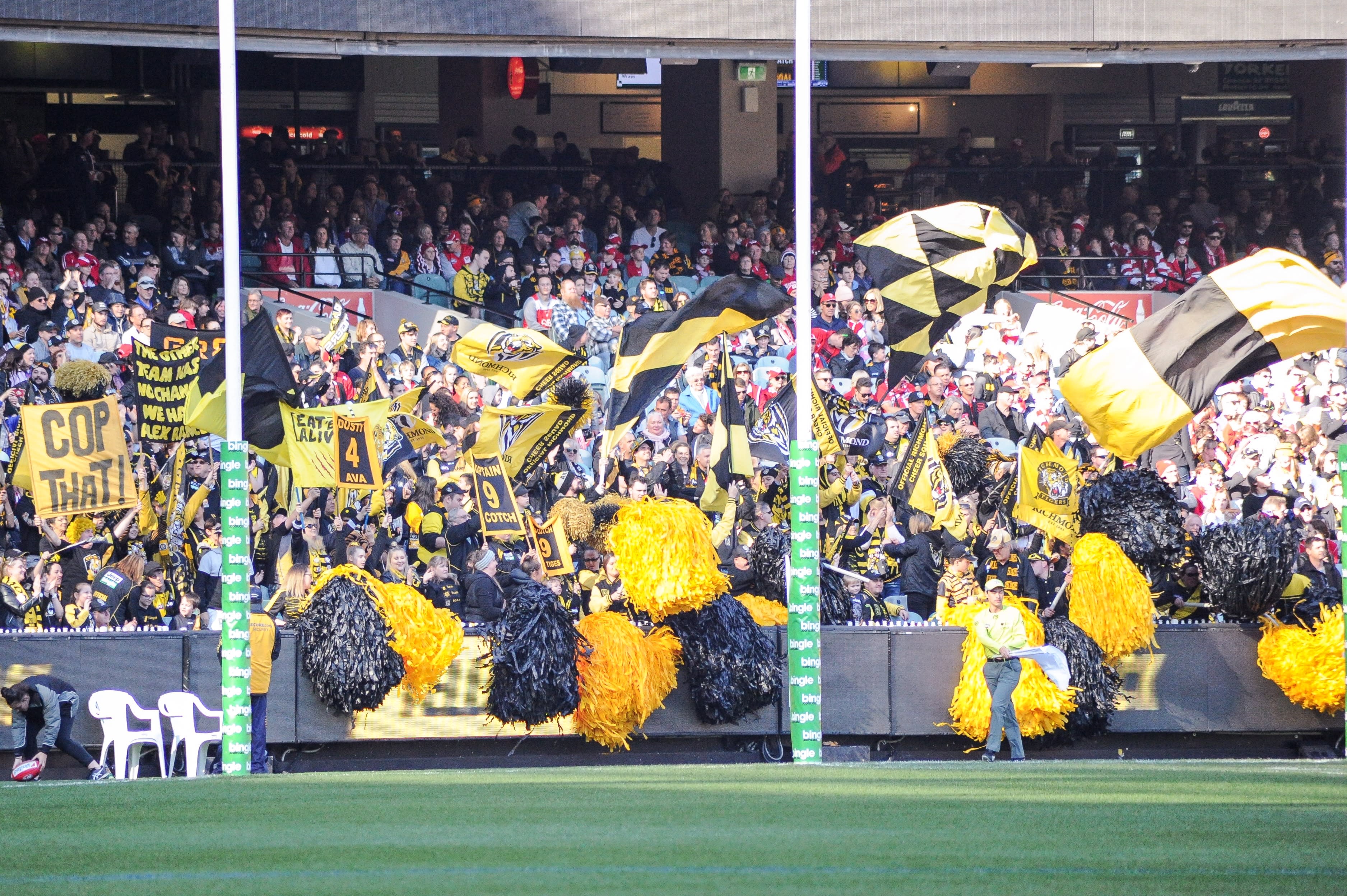 The Richmond Football Club cheer squad at an AFL game.