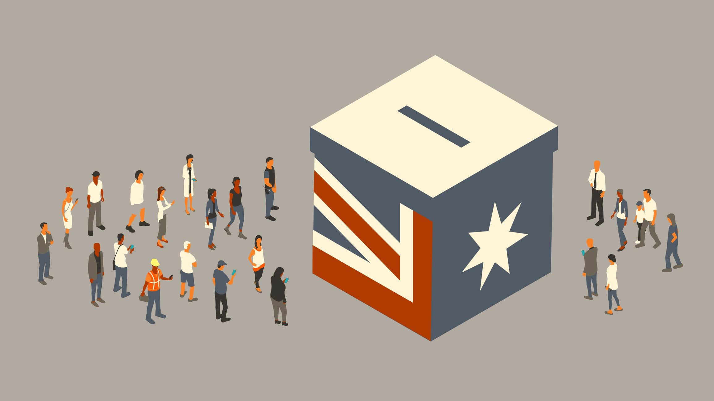 Illustration of people gathering around a giant ballot box in Australian flag colours