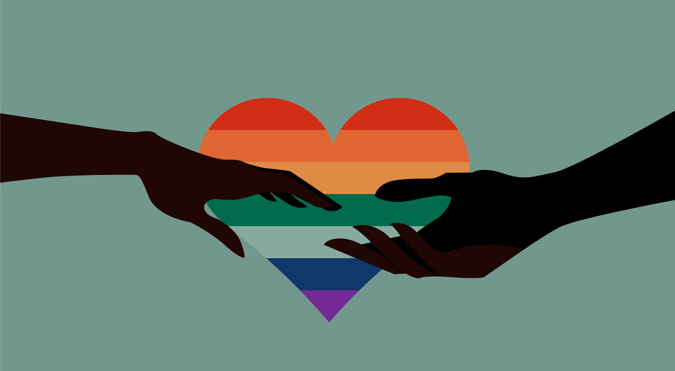 illustration of two hands reaching towards each other with a rainbow heart in the background