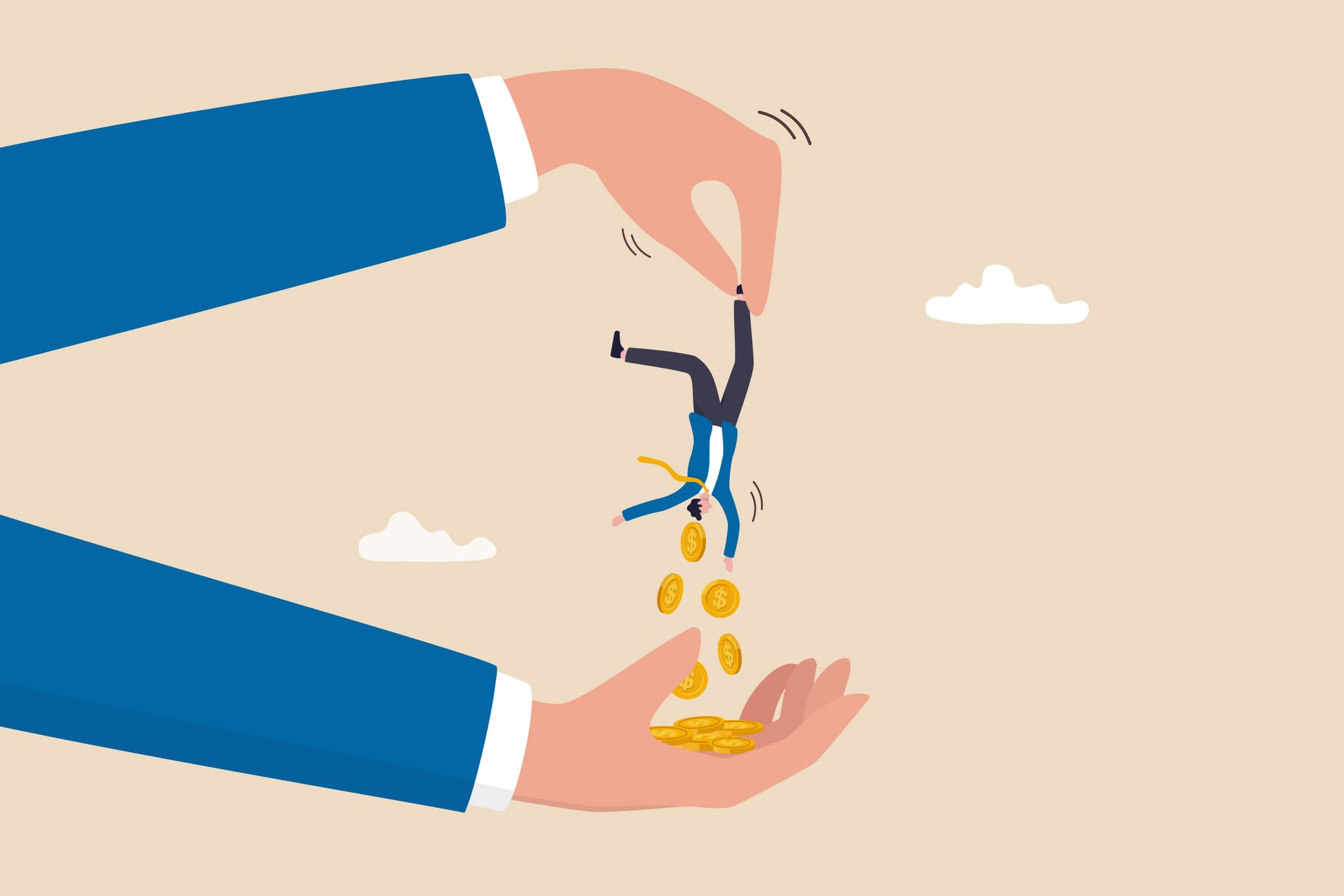 Illustration of a businessman's hands holding a person upside down with coins falling out of his pockets.