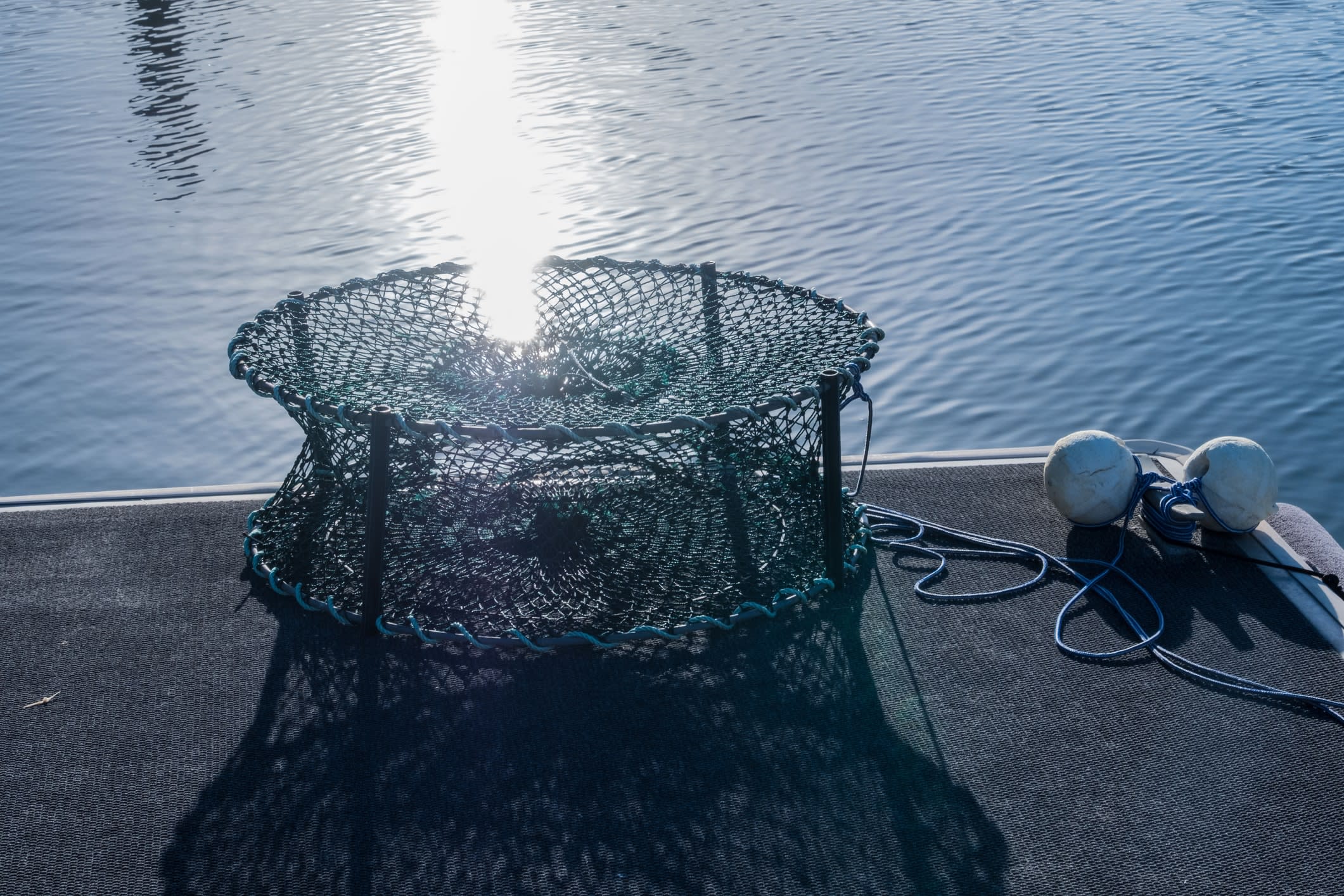 A floating platform with a round netted crab trap near the water with sun glare.