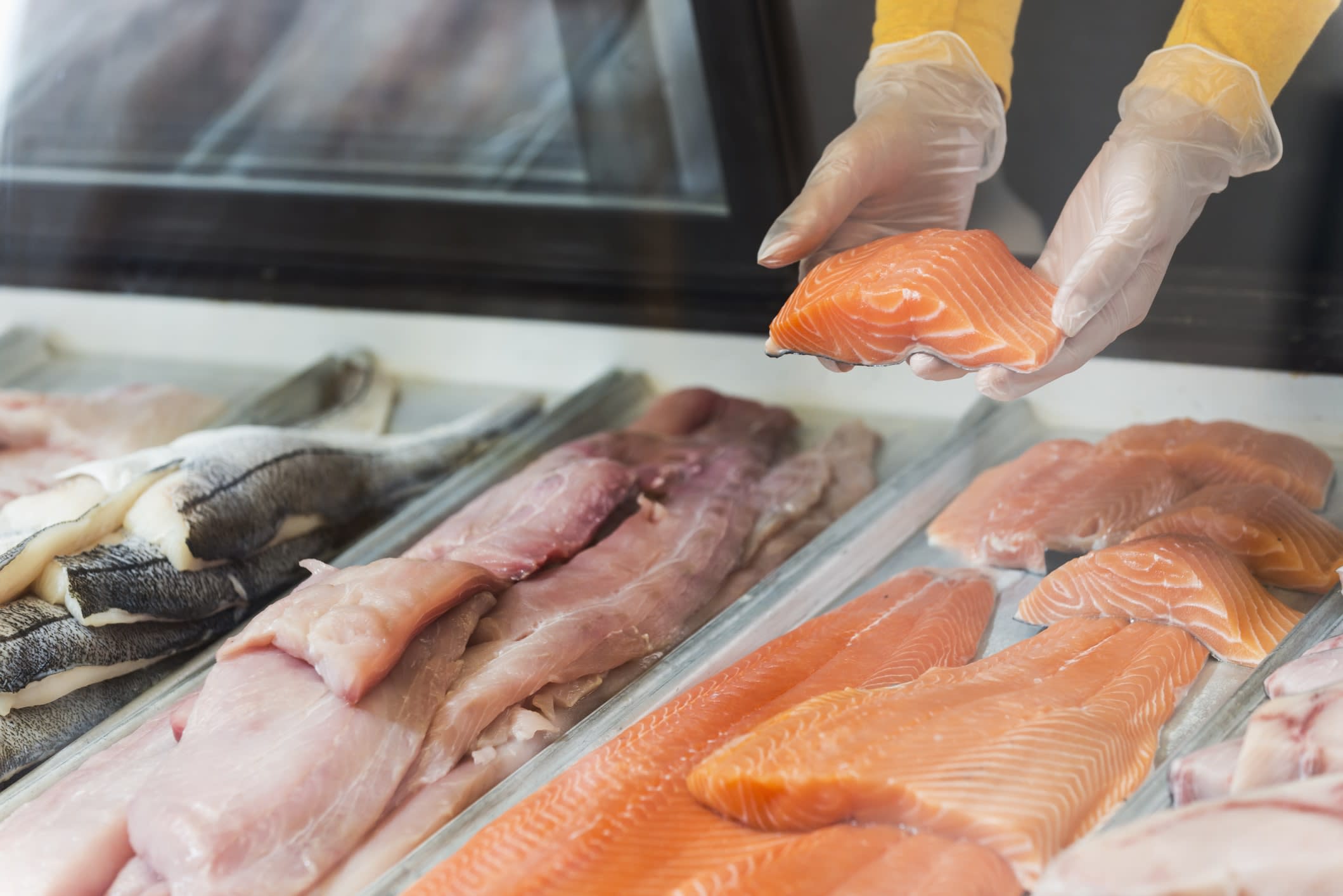 Fish fillets on display, with a person in gloves holding a piece