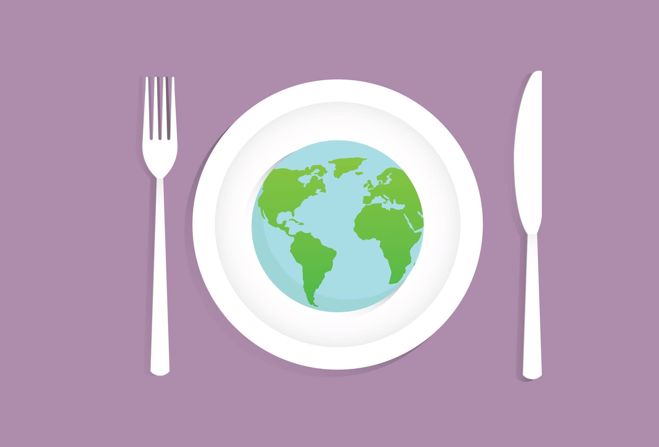 Illustration of a map of the world on a plate, flanked by a knife and fork