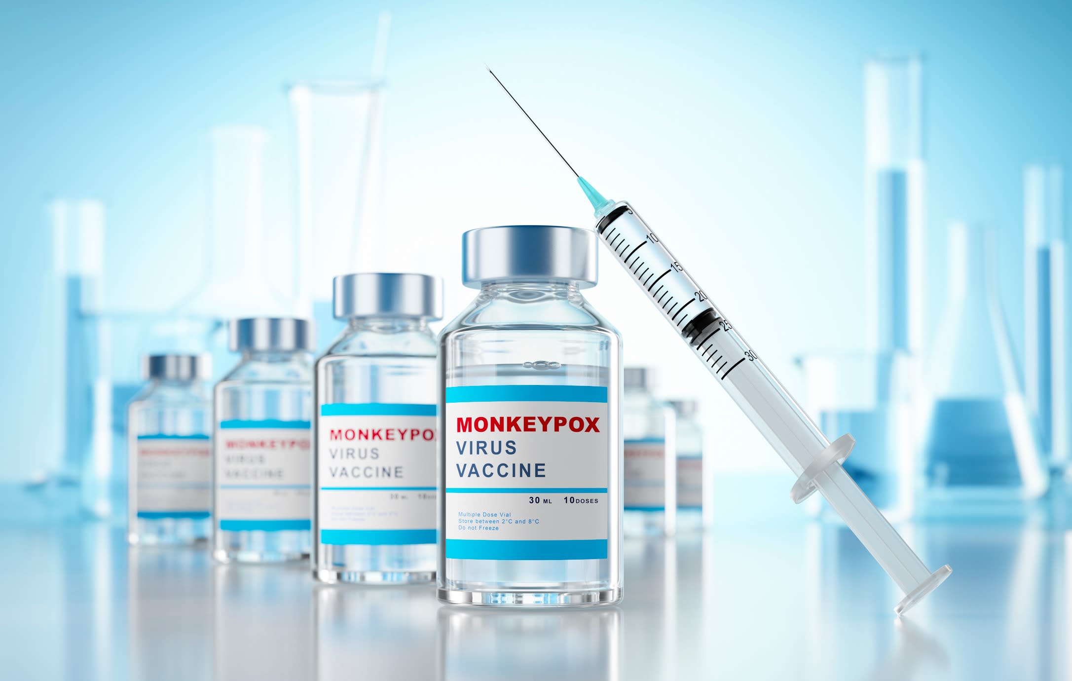 Monkey pox vaccine, bottles and syringe. 