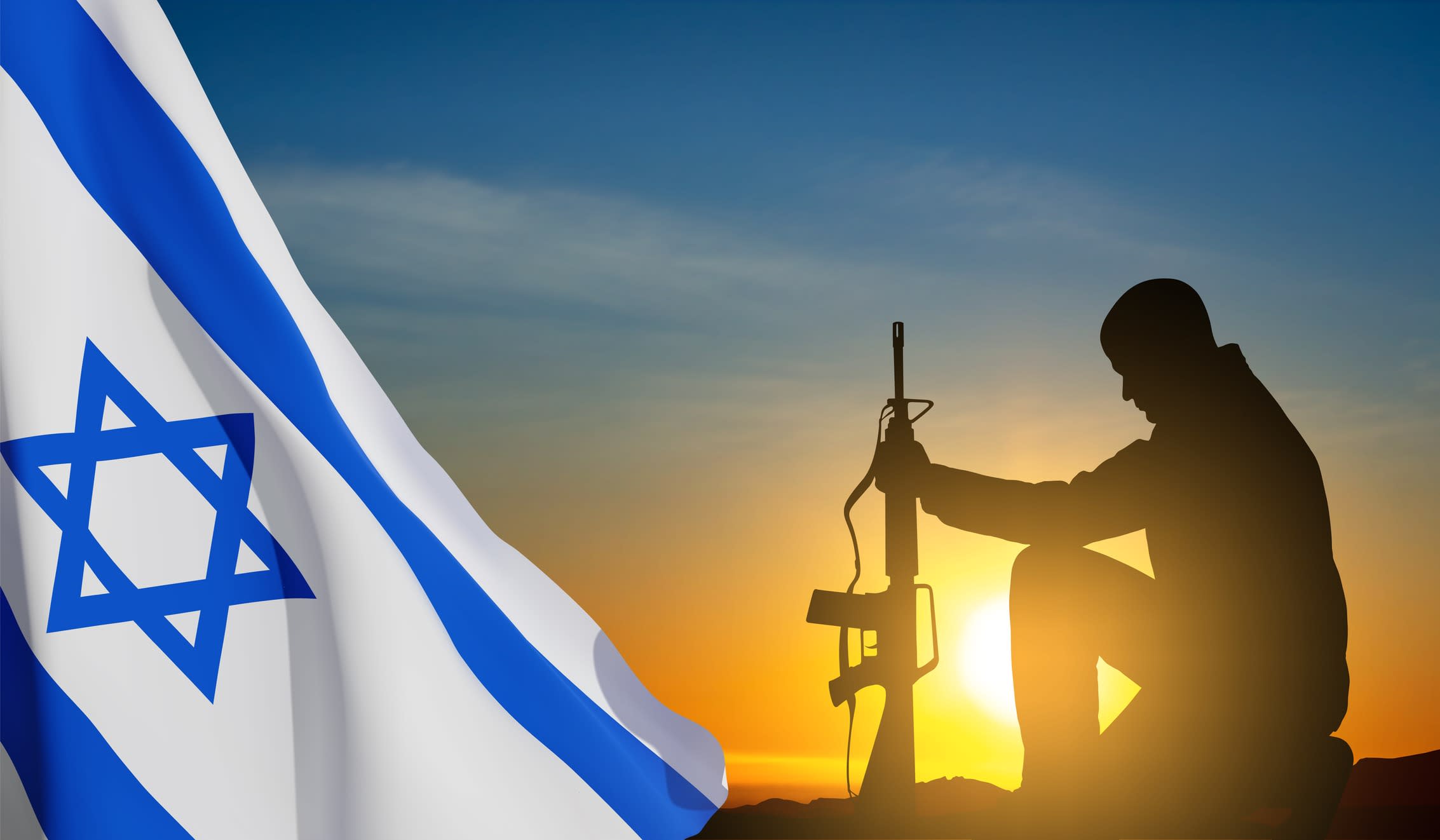 Silhouette of soldier kneeling down on a background of sunset and Israel flag. 