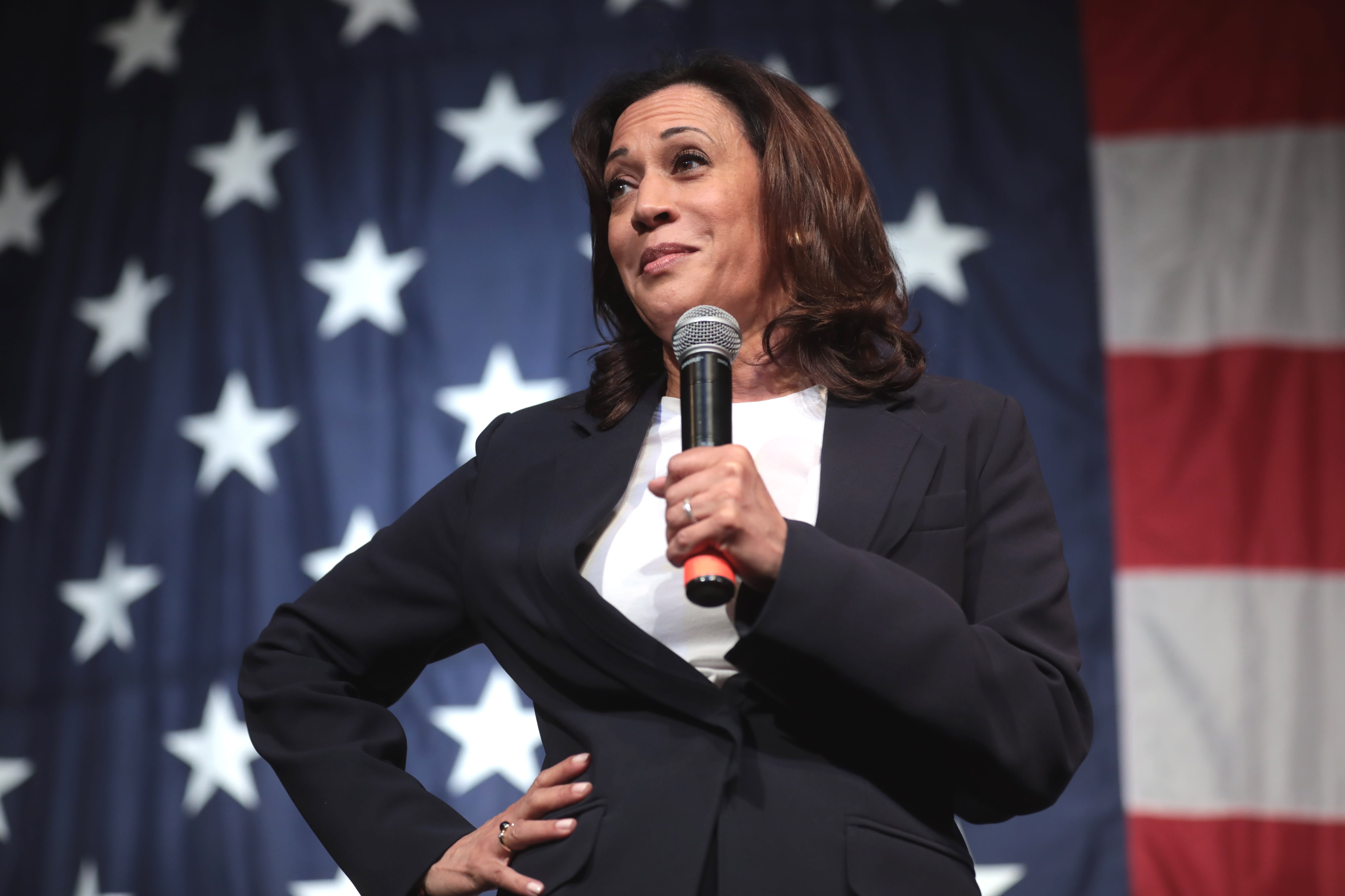 Kamala Harris speaking in front of an American flag, with hand on hip.