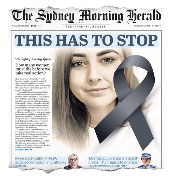 A front-page Sydney Morning Herald page with the headline “This has to stop”