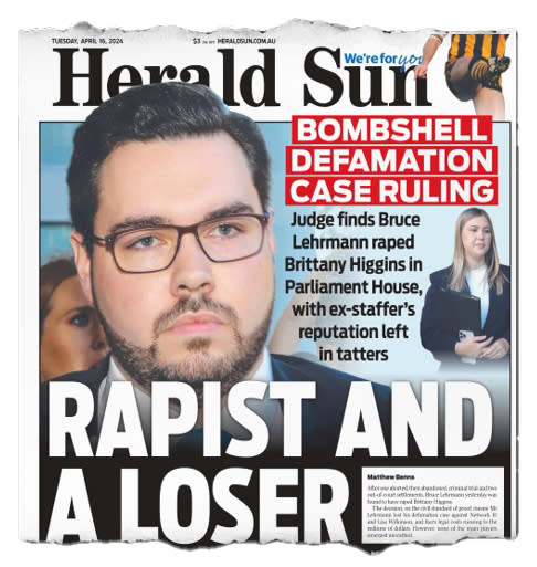 A Herald-Sun front page with a picture of Bruce Lehrmann and the headline “Rapist and a loser”