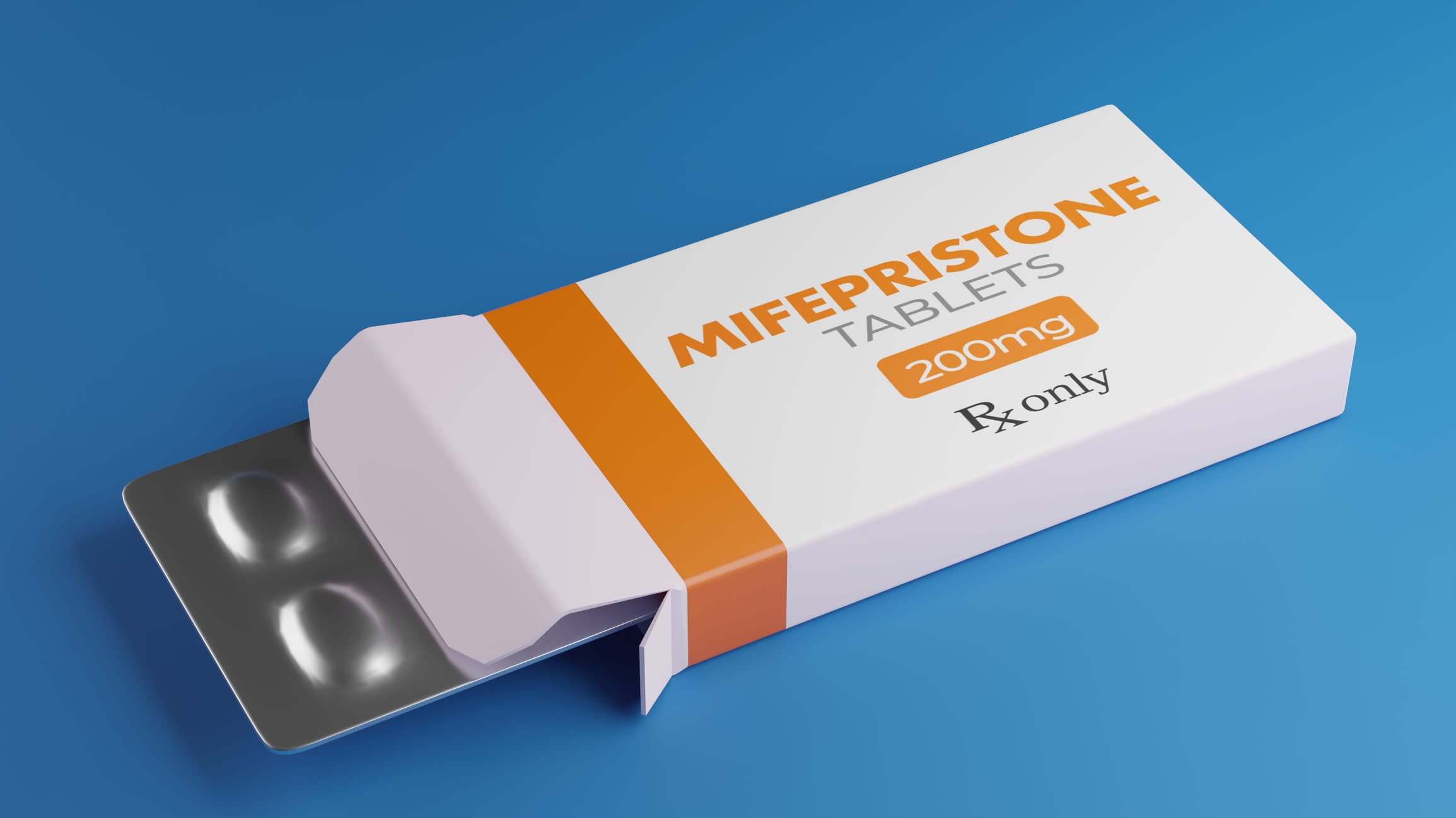 A box with blister pack of Mifepristone medical abortion pills