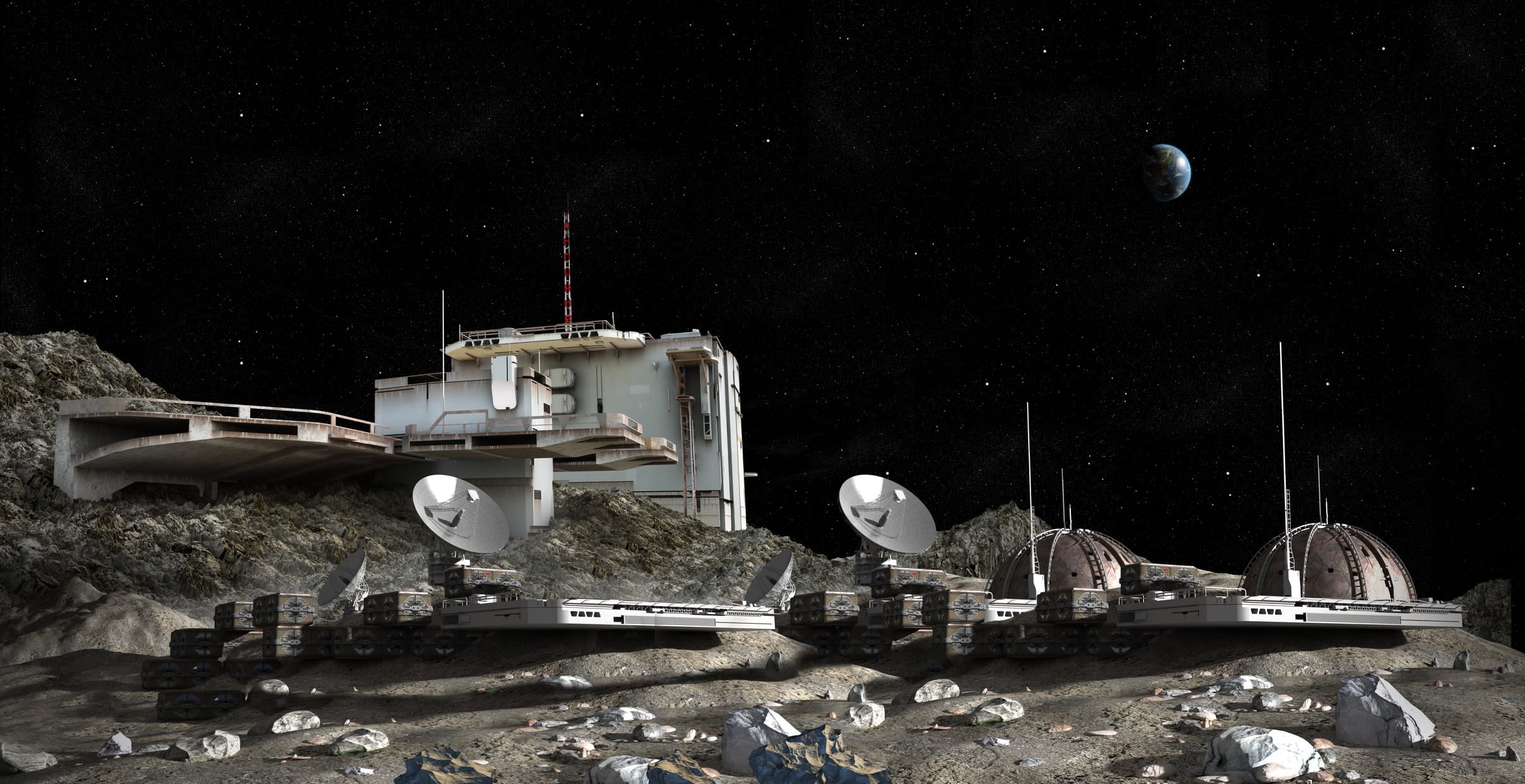 Illustration of a Moon outpost colony with dome structures, research modules, observation pods and communication satellite dishes for space exploration