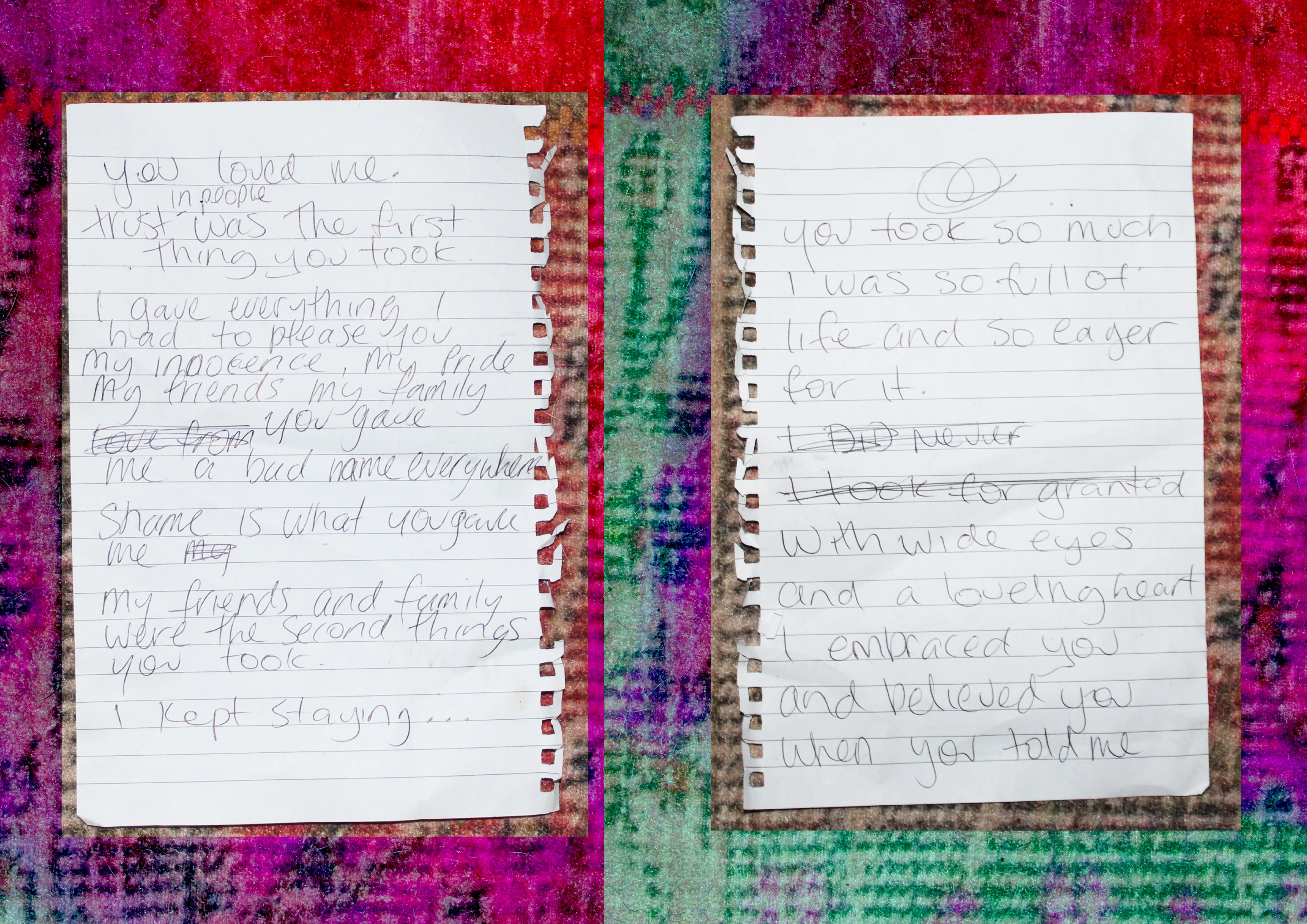 Two handwritten notbook pages on a coloutful background