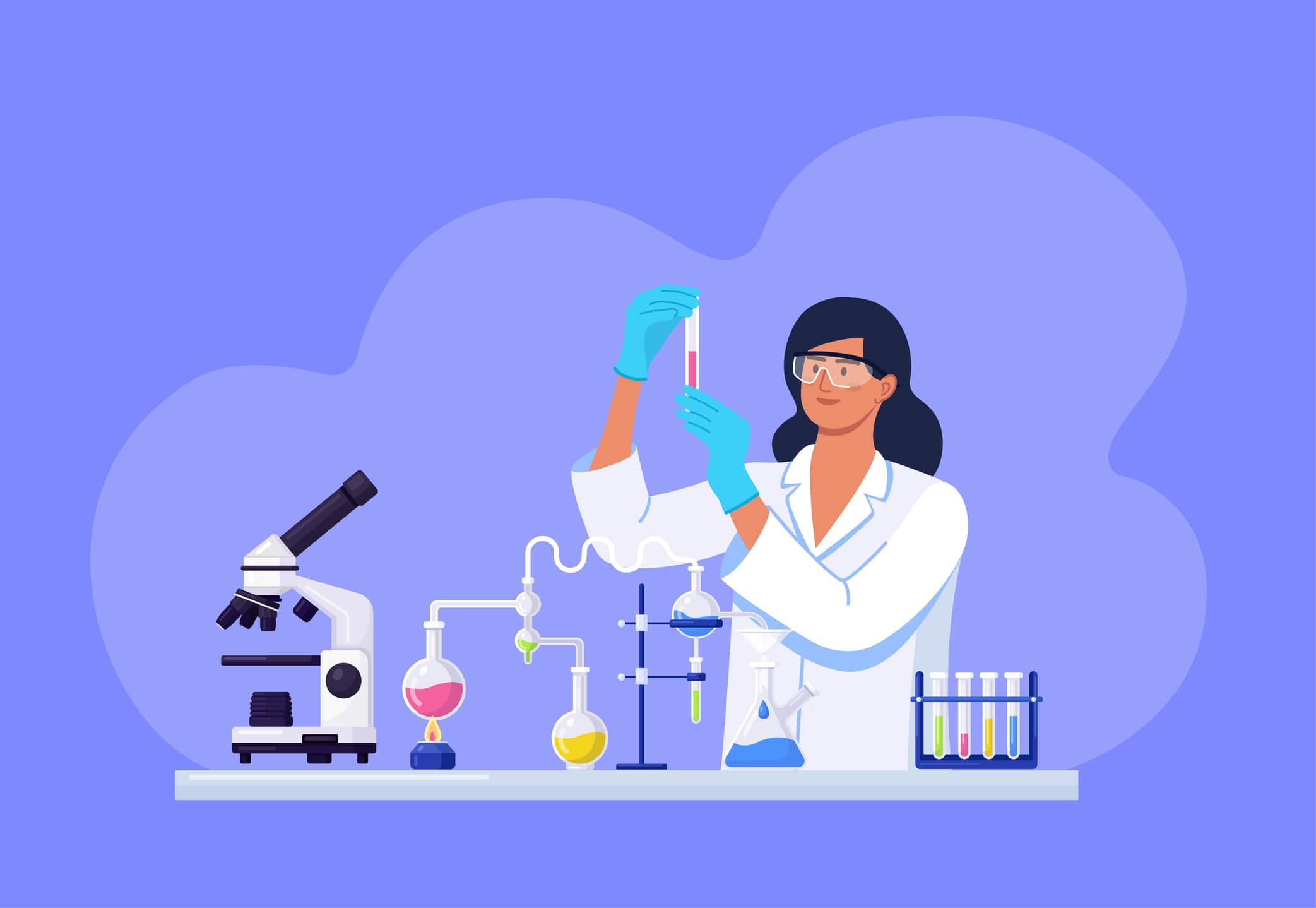 Illustration of a woman chemist with flasks with liquid in hand. 