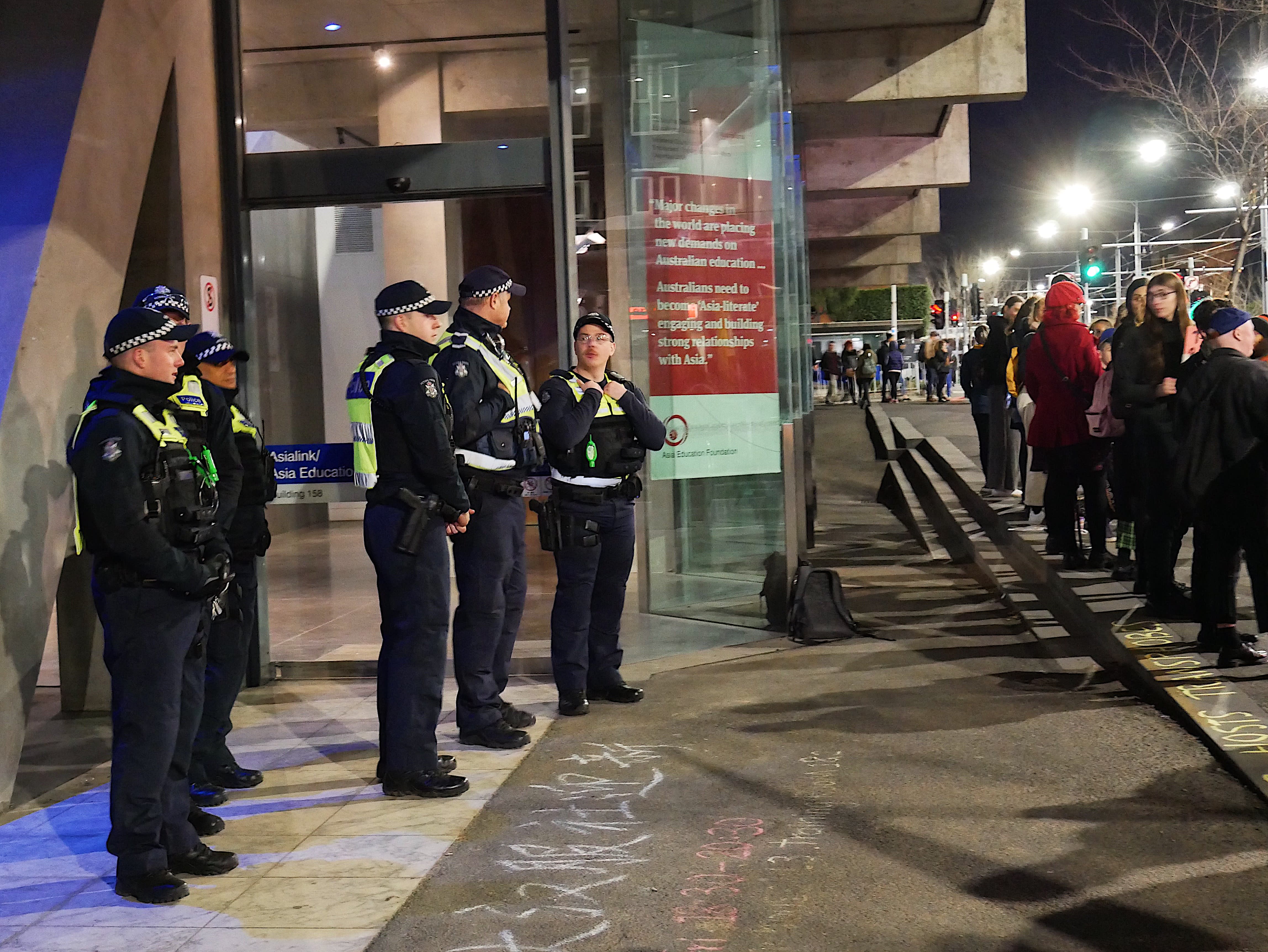 Six police officers were stationed outside event following anticipated backlash. Picture: Mie Sorensen