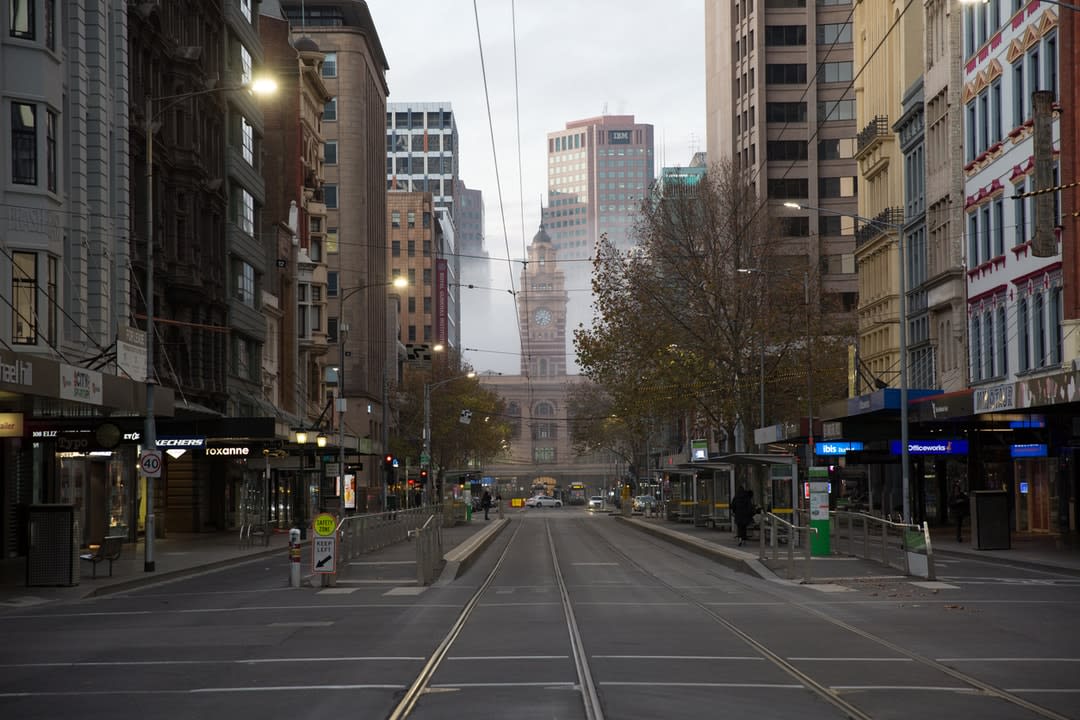 Empty city streets in downtown Melbourne during COVID-19 restrictions