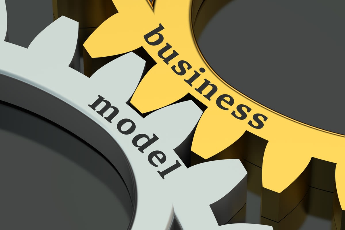 Image of wheel cogs aligning with the words 'business model'