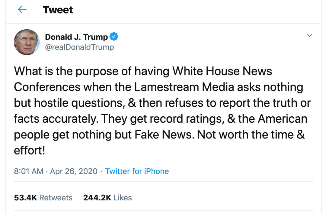 President Trump's twitter post about cancelling daily briefings
