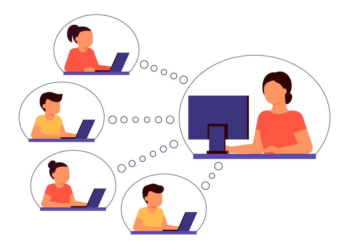 Illustration of a techer with a computer, linking to three students who are learning online