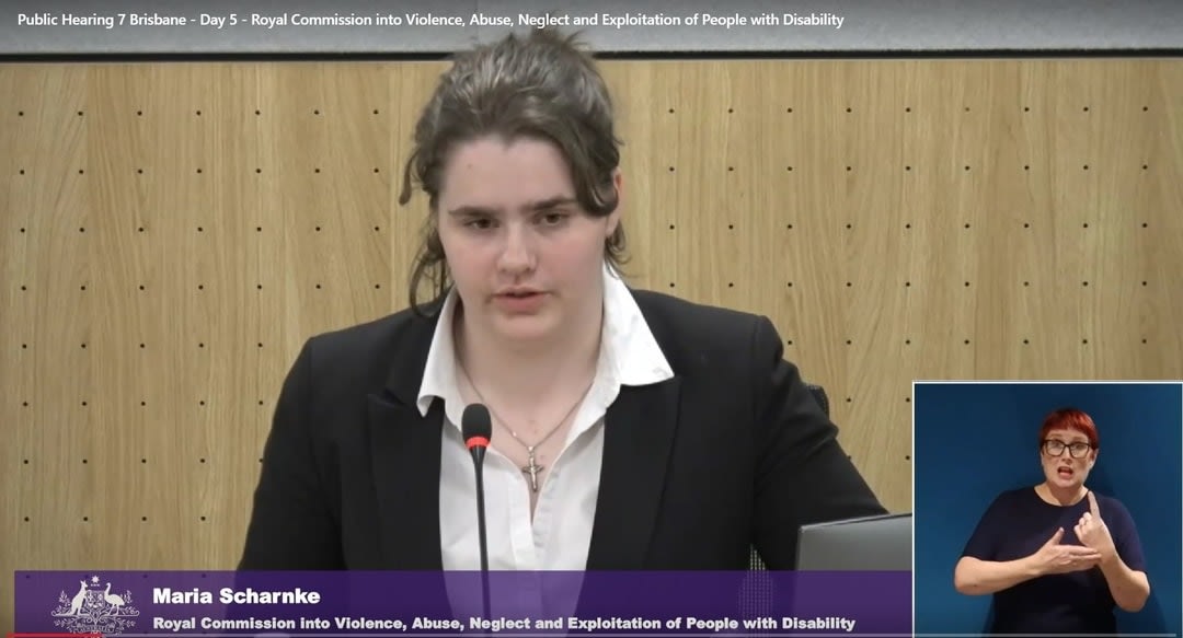 Picture of 17-year-old- Maria Scharnke giving evidence at the disability royal commission, with an inset of her sign translator in the bottom right corner