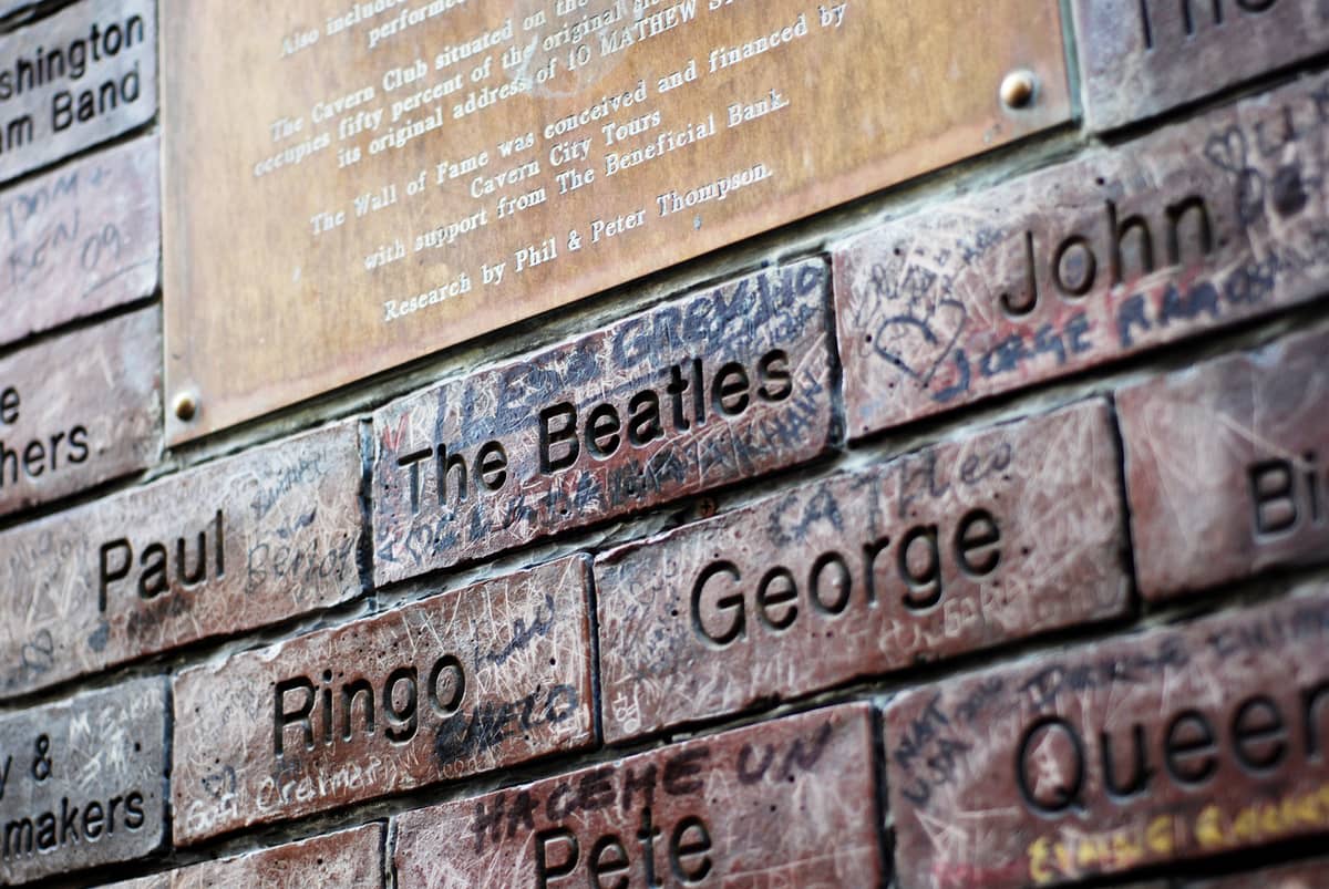 The plaque and named bricks commemorating the Beatles ans the site of the original Cavern Club in Liverpool, in the UK