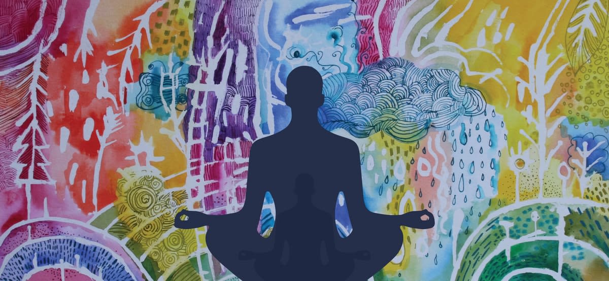 Drawing of a silhouetted figure mediatating in a yoga pose, with a multi-coloured background