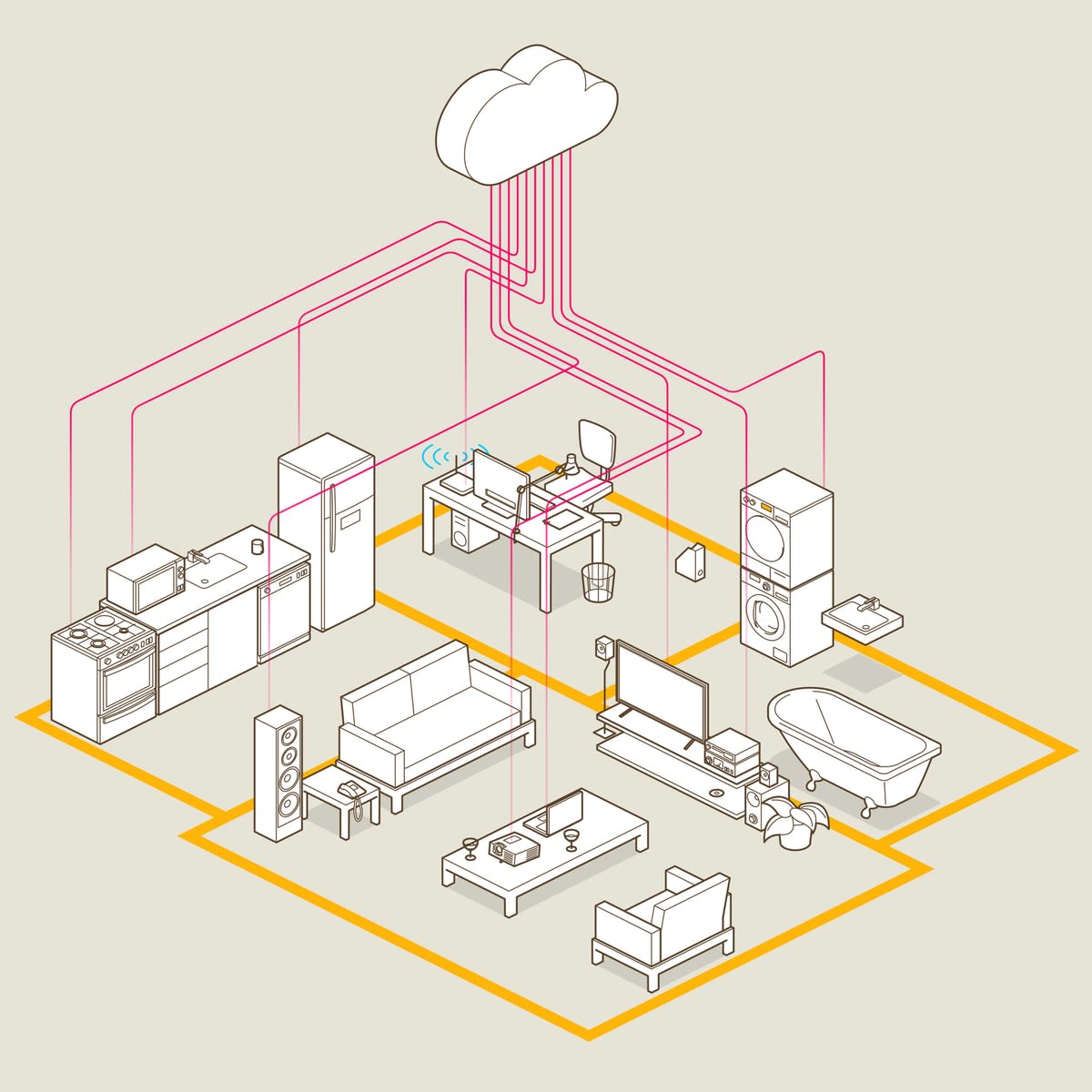 Illustration of a home's contents all with linking lines running up into a cloud