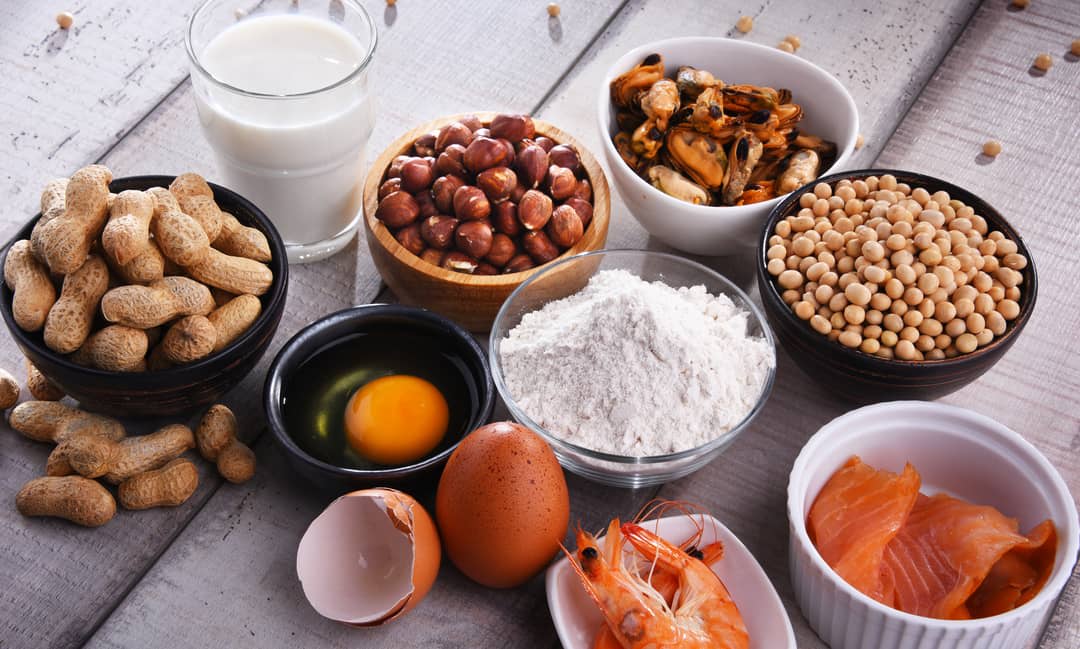 Bowls of potential allergen foods, including peanuts, mussels, nuts, flour and milk