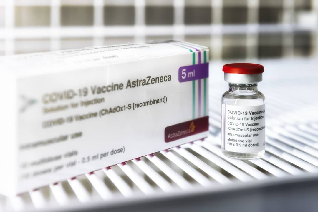 Close-up of a box and vial of the AstraZeneca vacine