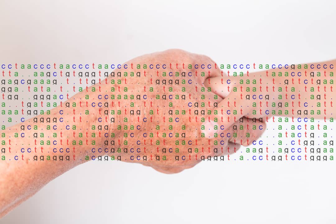 An adult and child hold hands, with DNA coding in the foreground.