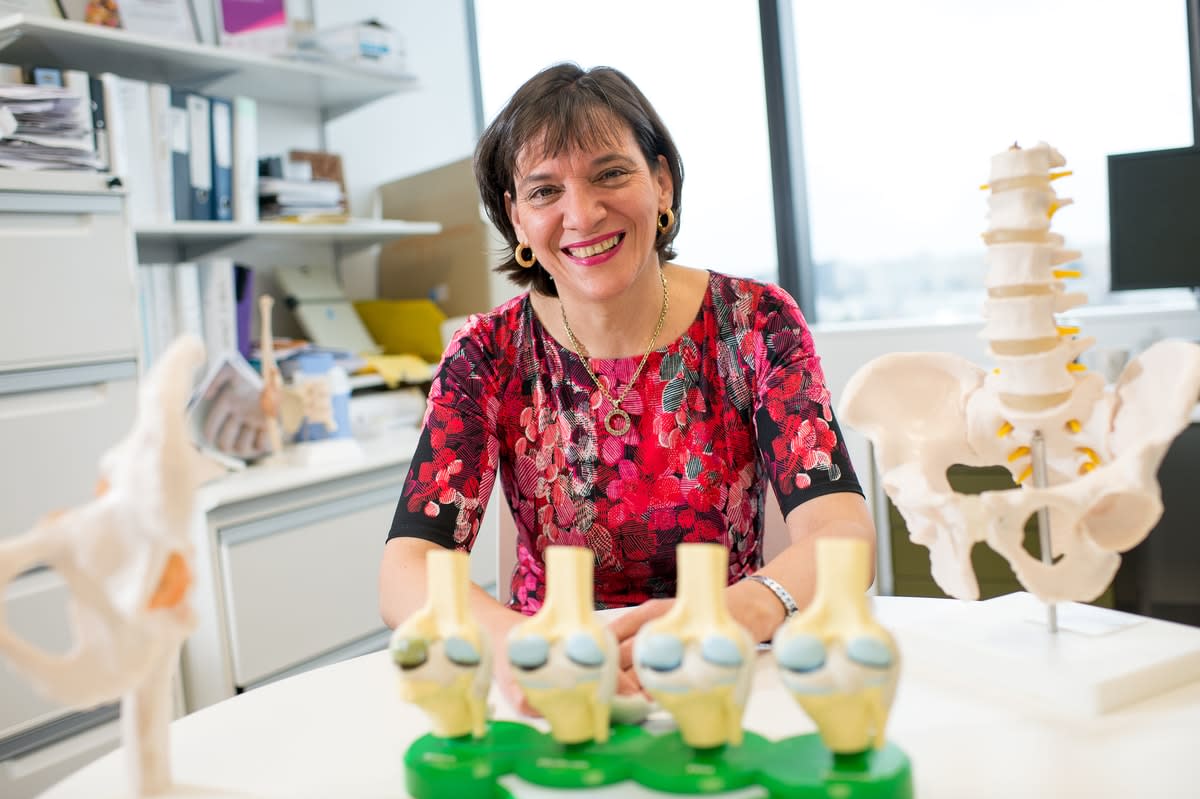 Professor Flavia Cicuttini with anatomical models of knee joints in the foreground
