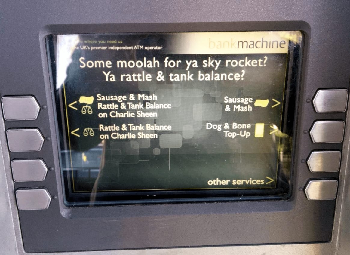 An ATM screen with instructions in Cockney rhyming slang
