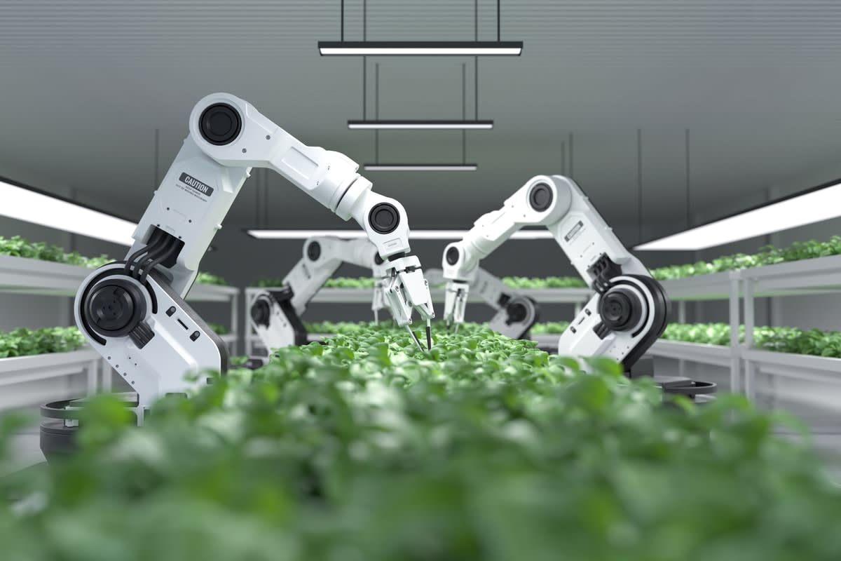 Robotic arms tending to plants in an indoor setting