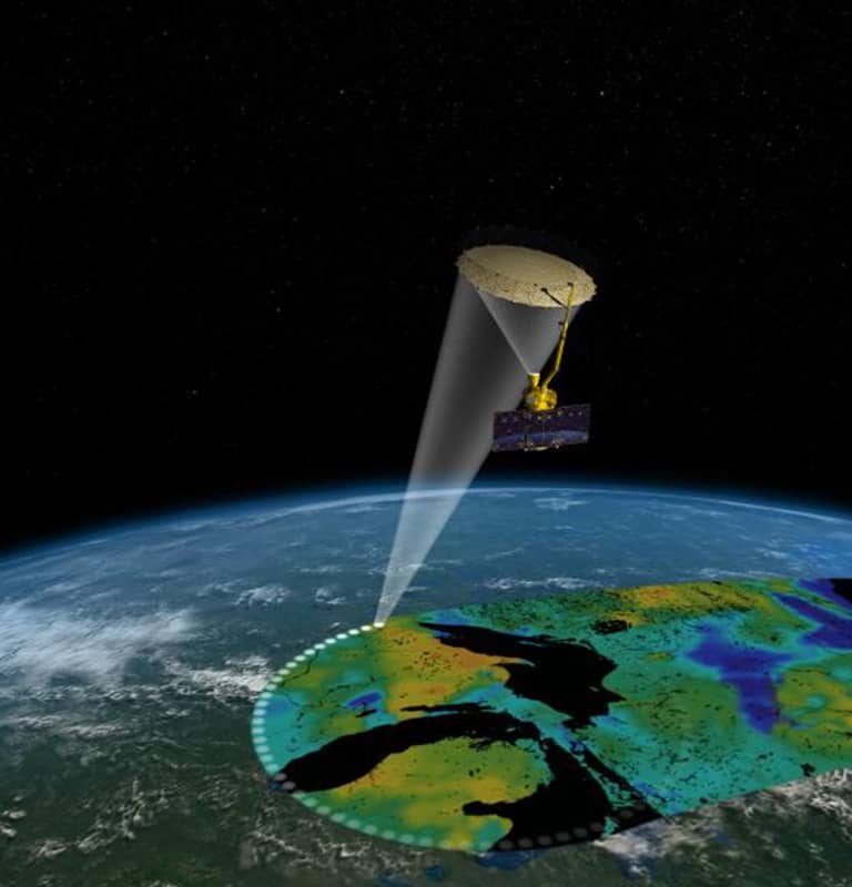 Artist's rendering of the Soil Moisture Active Passive (SMAP) satellite.