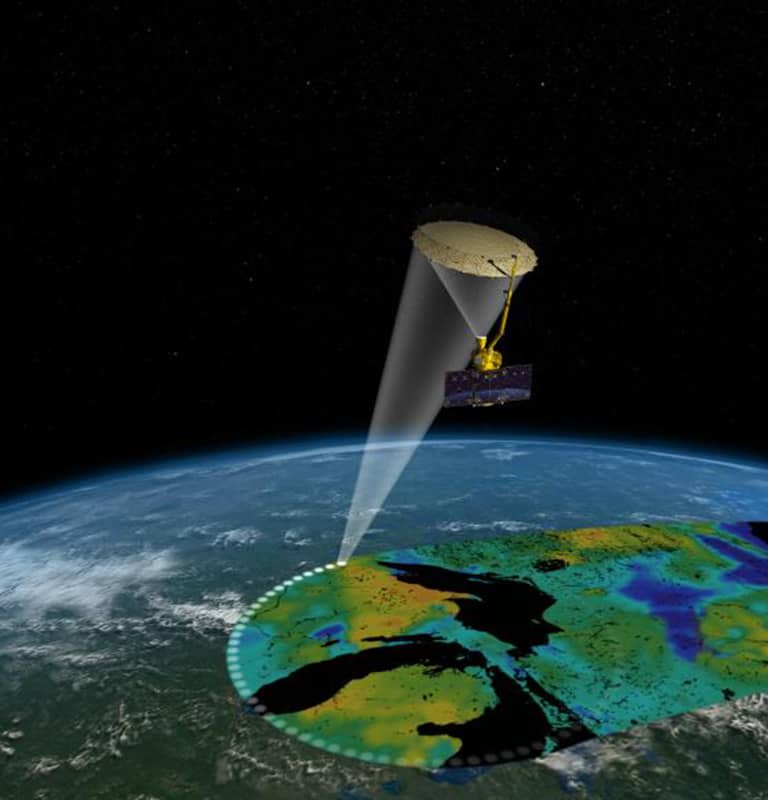 Artist's rendering of the Soil Moisture Active Passive (SMAP) satellite.