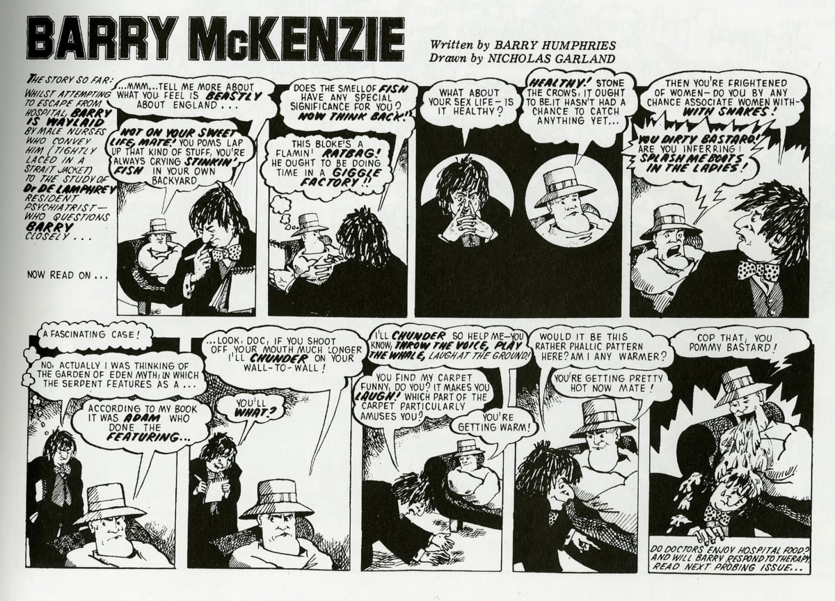 A page of comic panels featuring the character Barry McKenzie, created by Barry Humphries