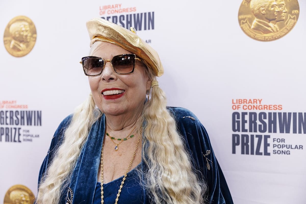 Joni Mitchell speaks to the media on the red carpet at the 2023 Gershwin Prize Concert at DAR Constitution Hall in Washington, D.C., March 1, 2023.