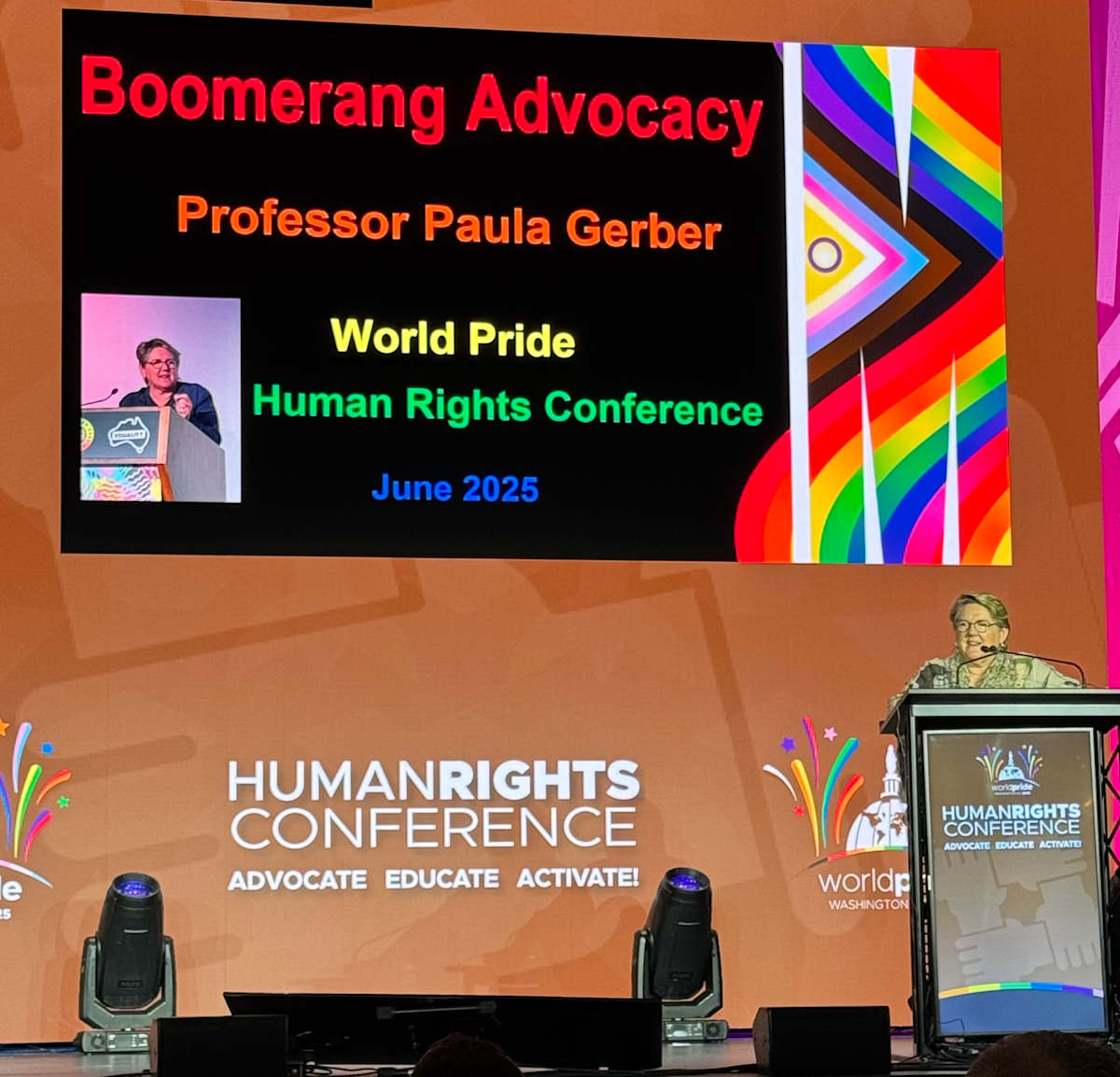 Monash academic and LGBTIQA+ campaigner Paula Gerber speaking at the World Pride Human Rights Conference 2025 in Washington.