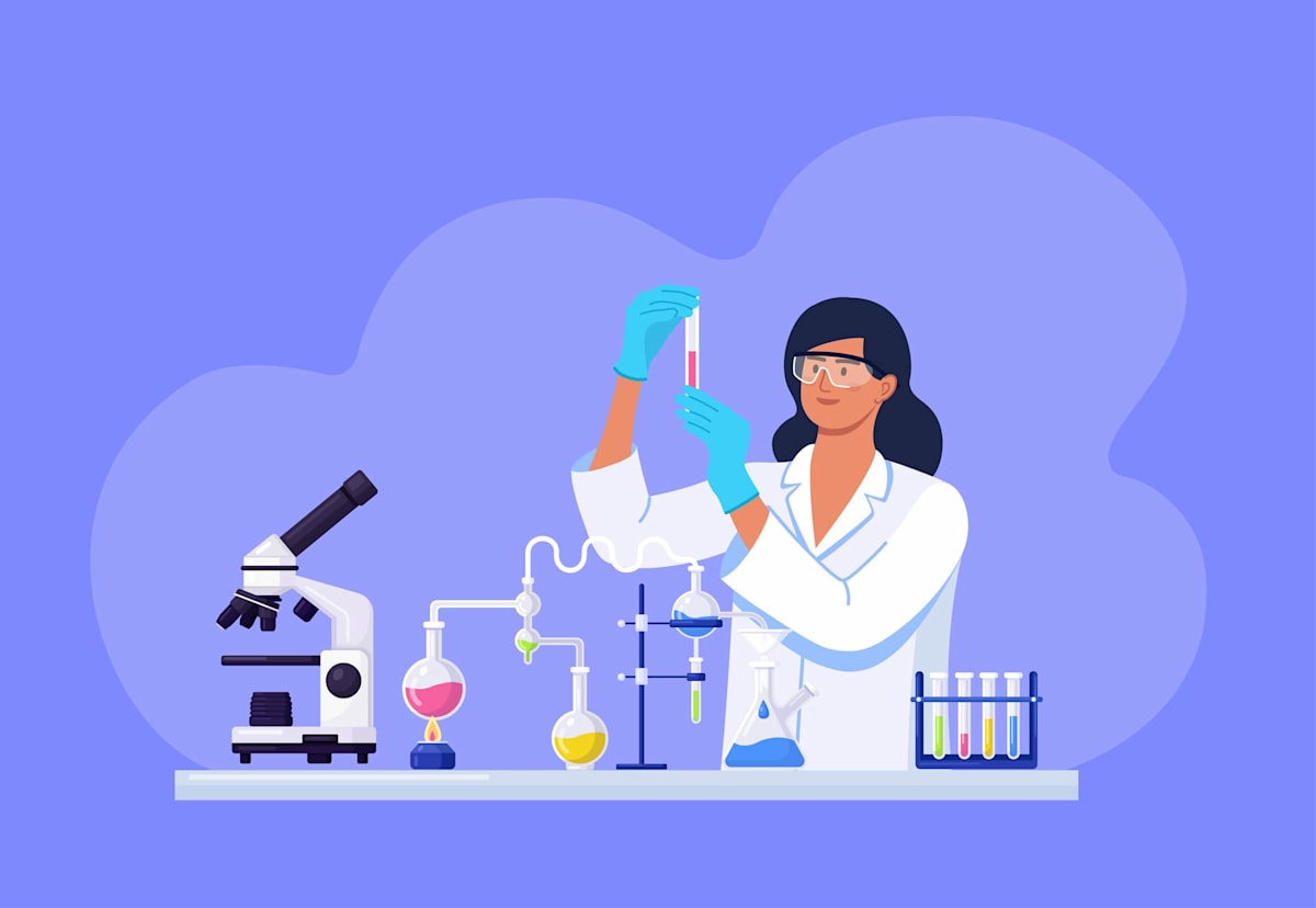 Illustration of a woman chemist with flasks with liquid in hand. 