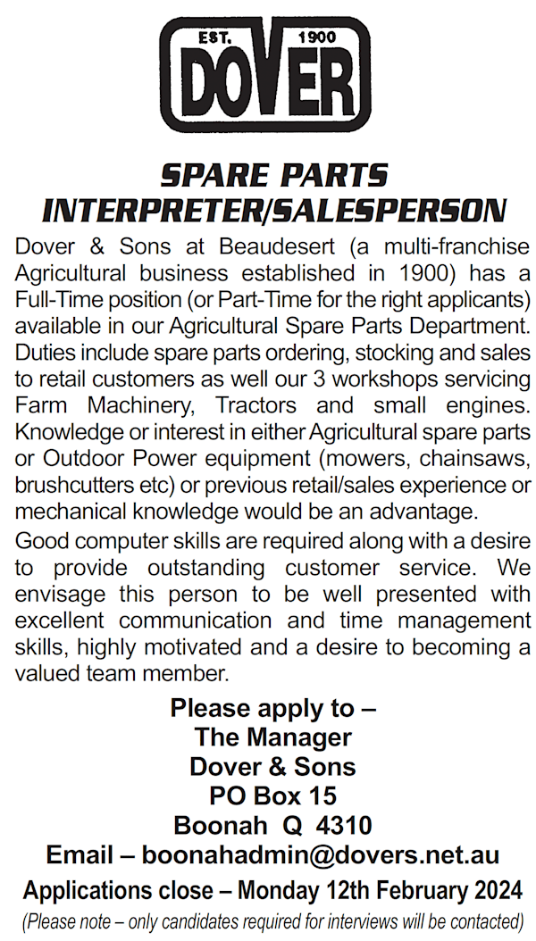 DOVERS REQUIRE A SPARE PARTS INTERPRETER/SALESPERSON