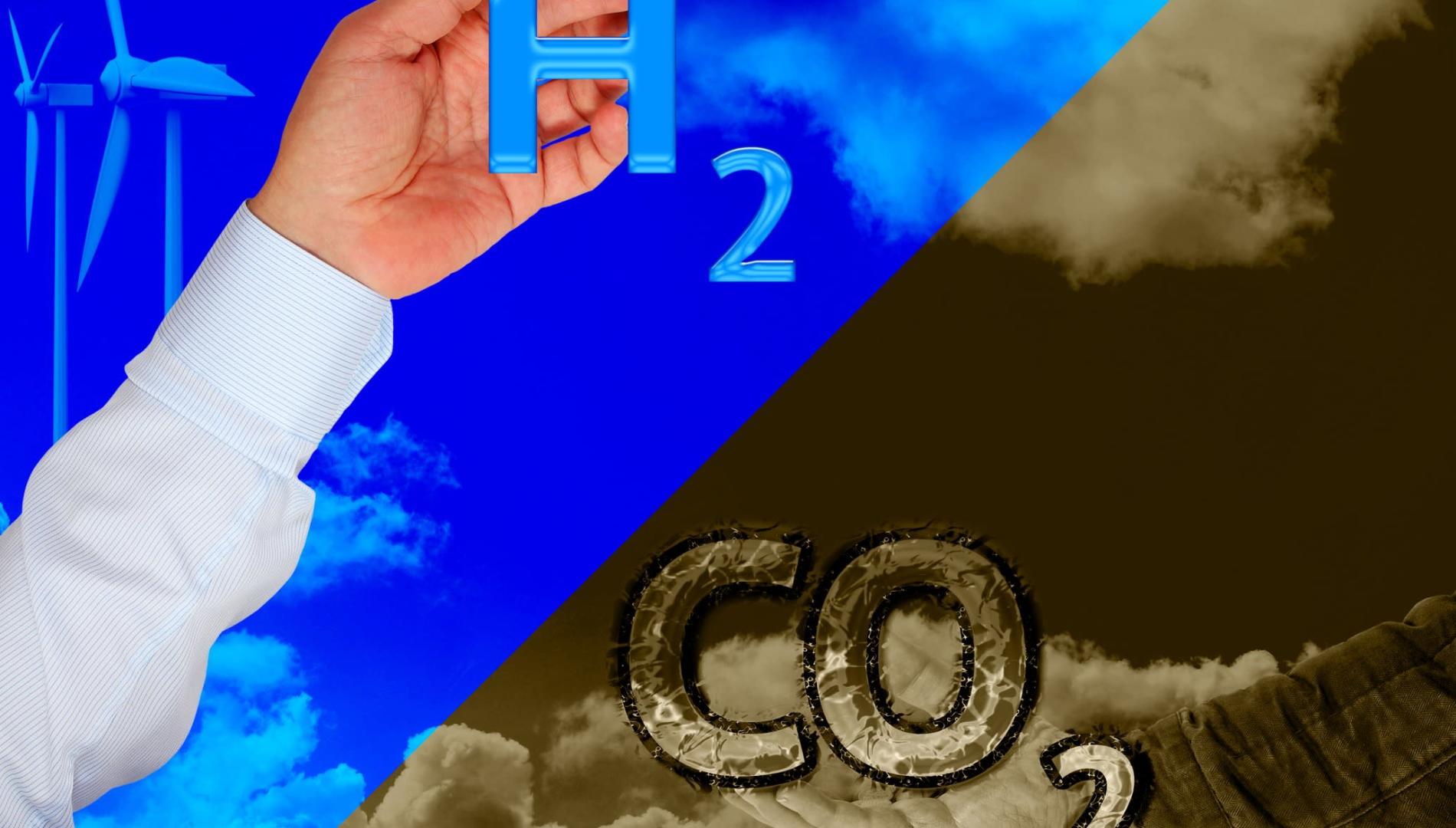 3d插图，一半蓝色的天空和一半黑烟和H2和CO2的符号。