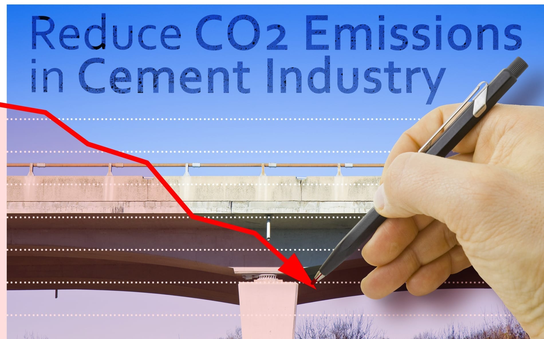 low-carbon cement production concept with elevated highway in concrete structure and hand drawing a descending graph about carbon dioxide emissions