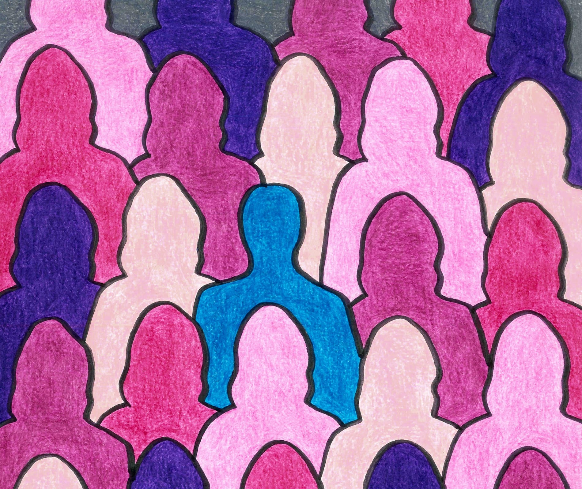 Pencil drawing of a blue man silhouette surrounded by pink and purple silhouettes of women