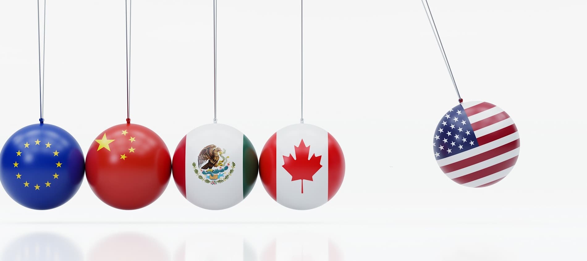 Newton's Cradle textured with American Canadian Mexican Chinese And European Union flags 