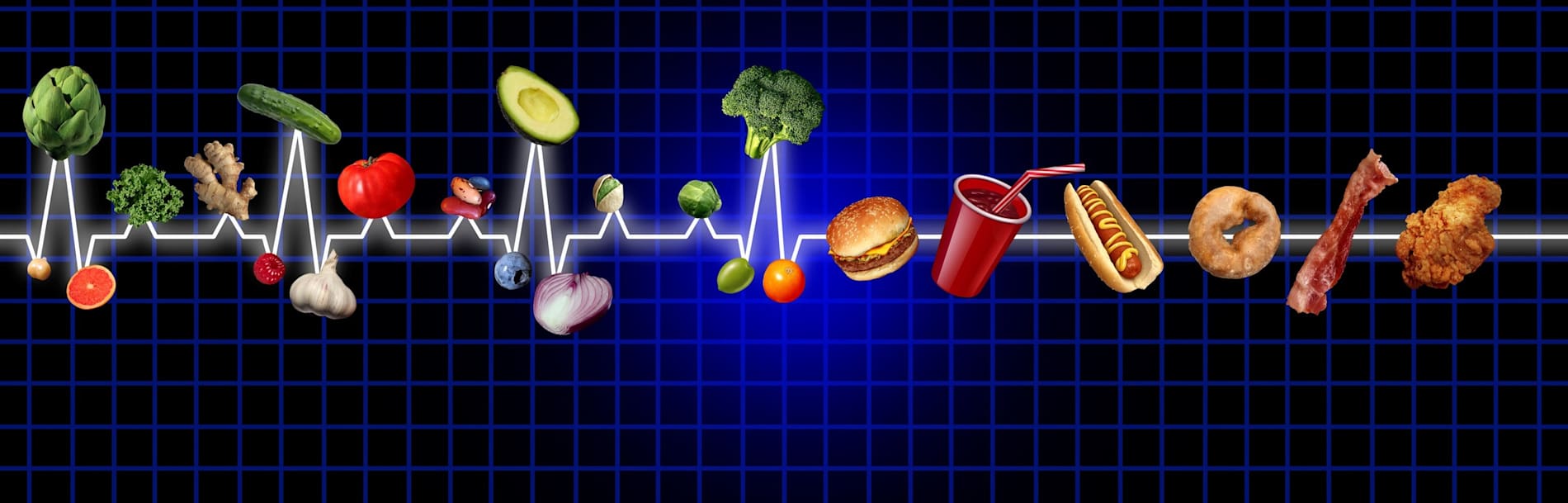 Food ECG Concept as a normal healthy EKG or flatline heart rate rhythm with unhealthy food