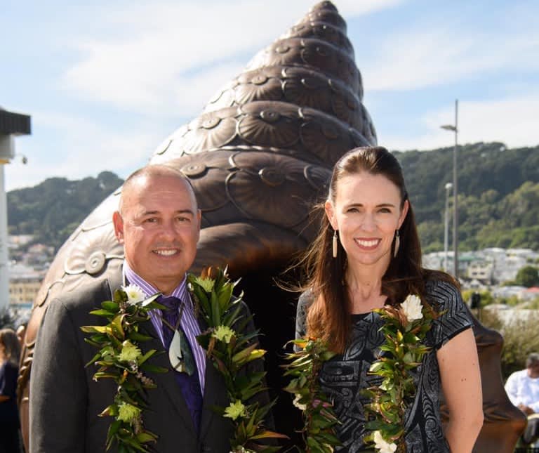 Mark Brown and Jacinda Ardern dedicated the new Pacific Islands War Memorial, Te Reo Hotunui o Te Moana a Kiwa., in Wellington this weekend. Photo:  NZ High Commission