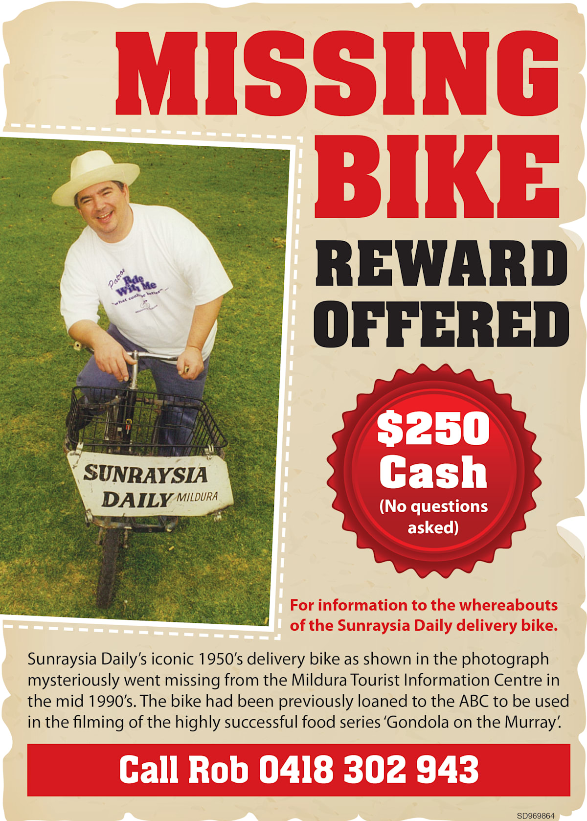 The ad offering a reward for return of the butcher’s delivery bike.