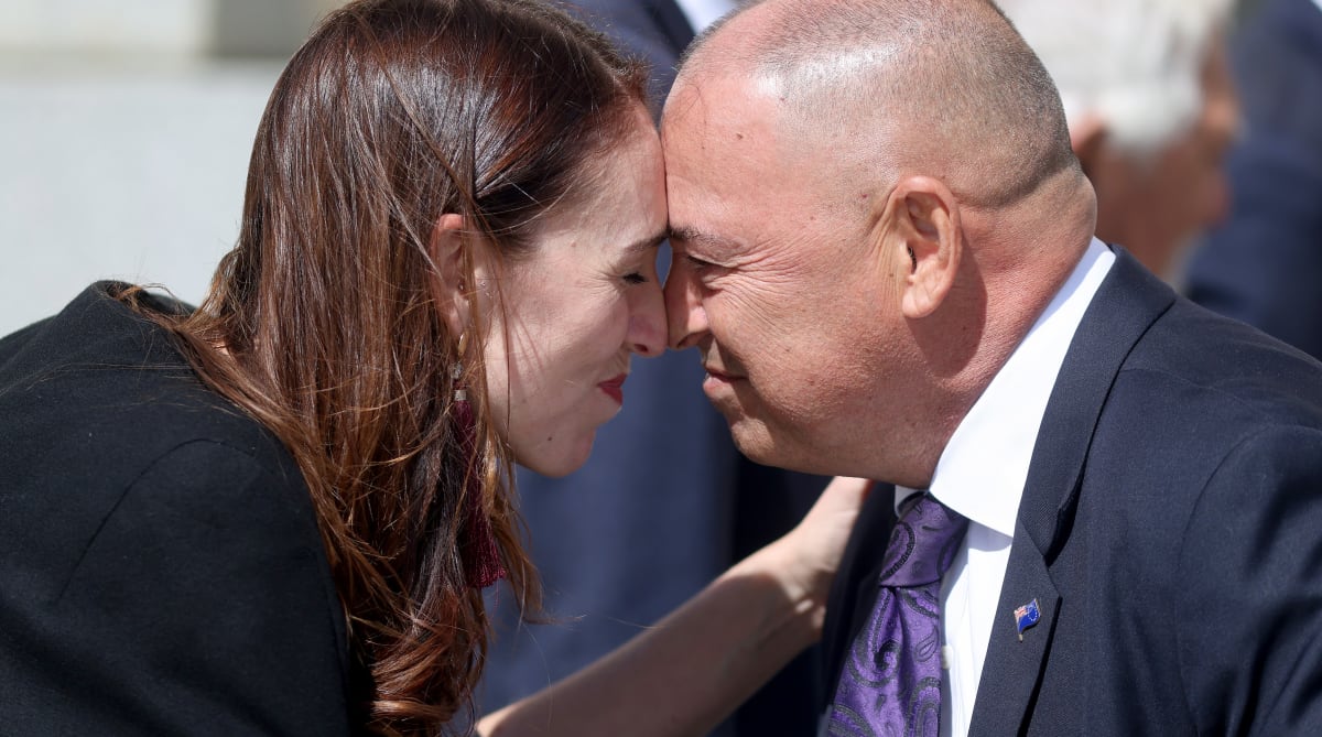 New Zealand Prime Minister Jacinda Ardern and Cook Islands Prime Minister Mark Brown hongi, in the first face-to-face meeting with another head of government that either leader has had in 12 months of Covid border closures.  Photo: Phil Walter / Getty Images