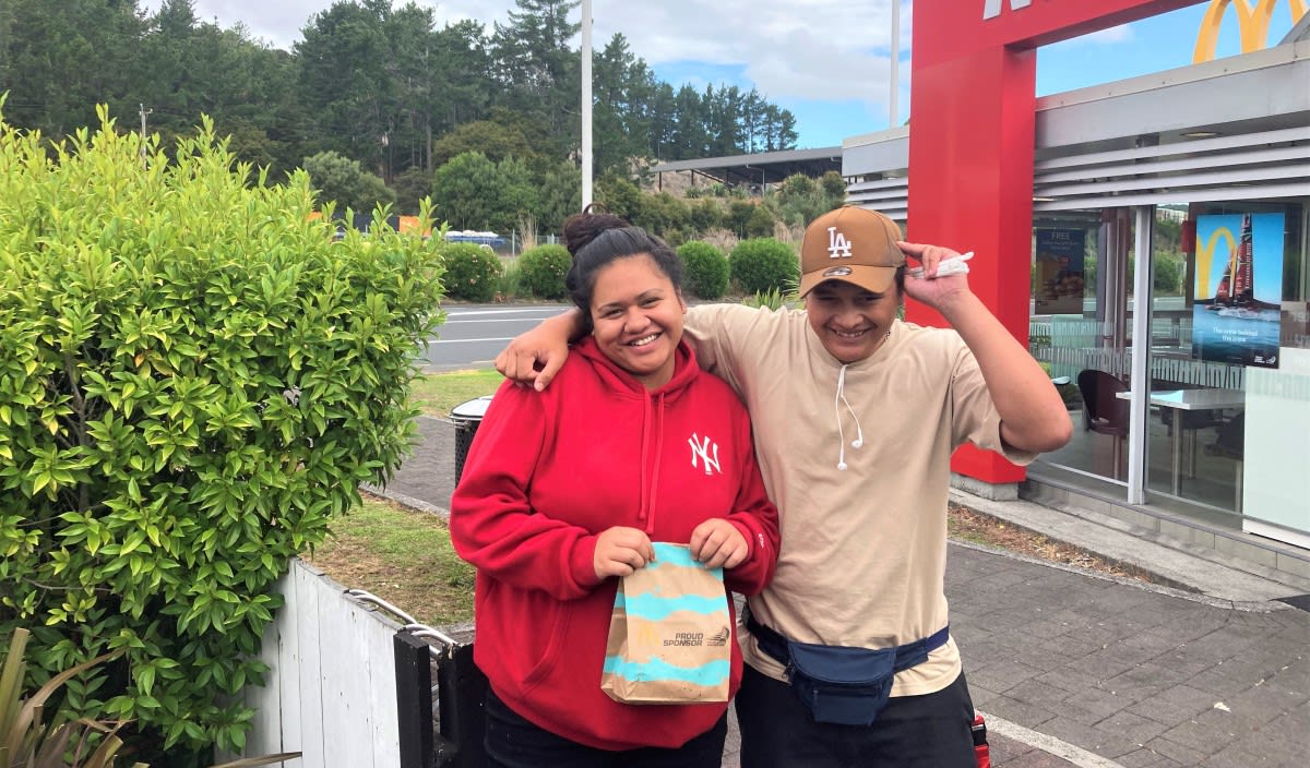 Mary-Jane Tarver, picking up her dinner with boyfriend Judas Williams, has lived in Huntly all her 18 years, and loves it. Photo: Jonathan Milne